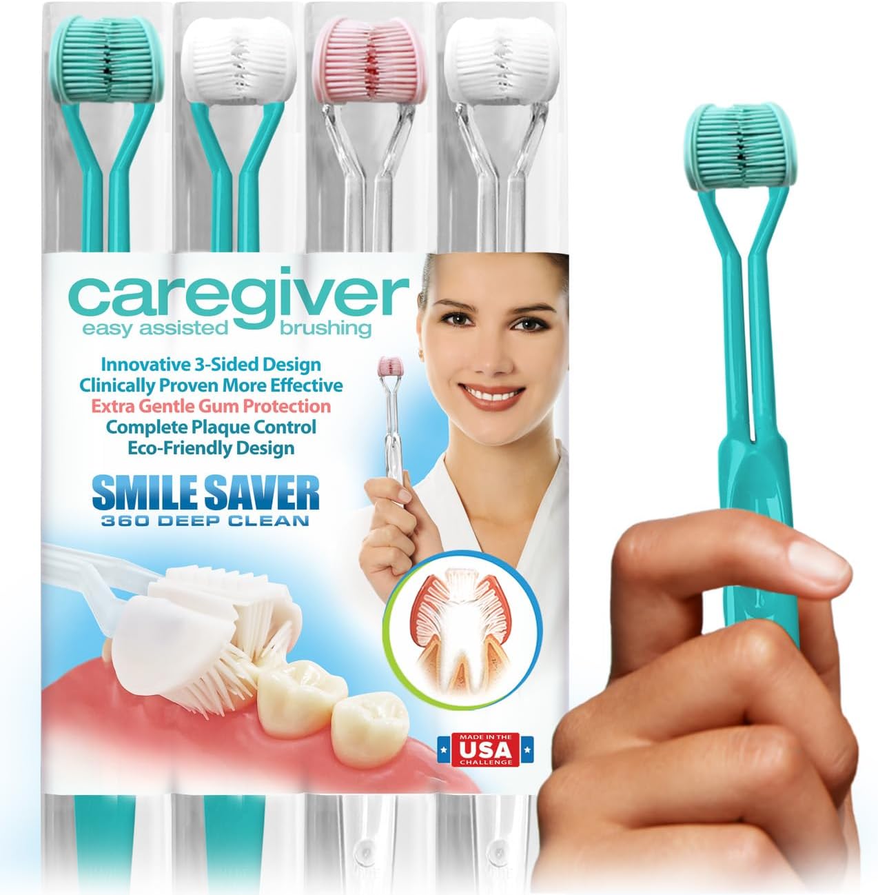 Caregiver Three Sided Toothbrush | 4-Pack | Easy Assisted Brushing for Autism, Special Needs, Disabilities, Seniors & Dexterity | Gentle U-Shaped Triple Clean Soft Replacement Heads | Made in The USA