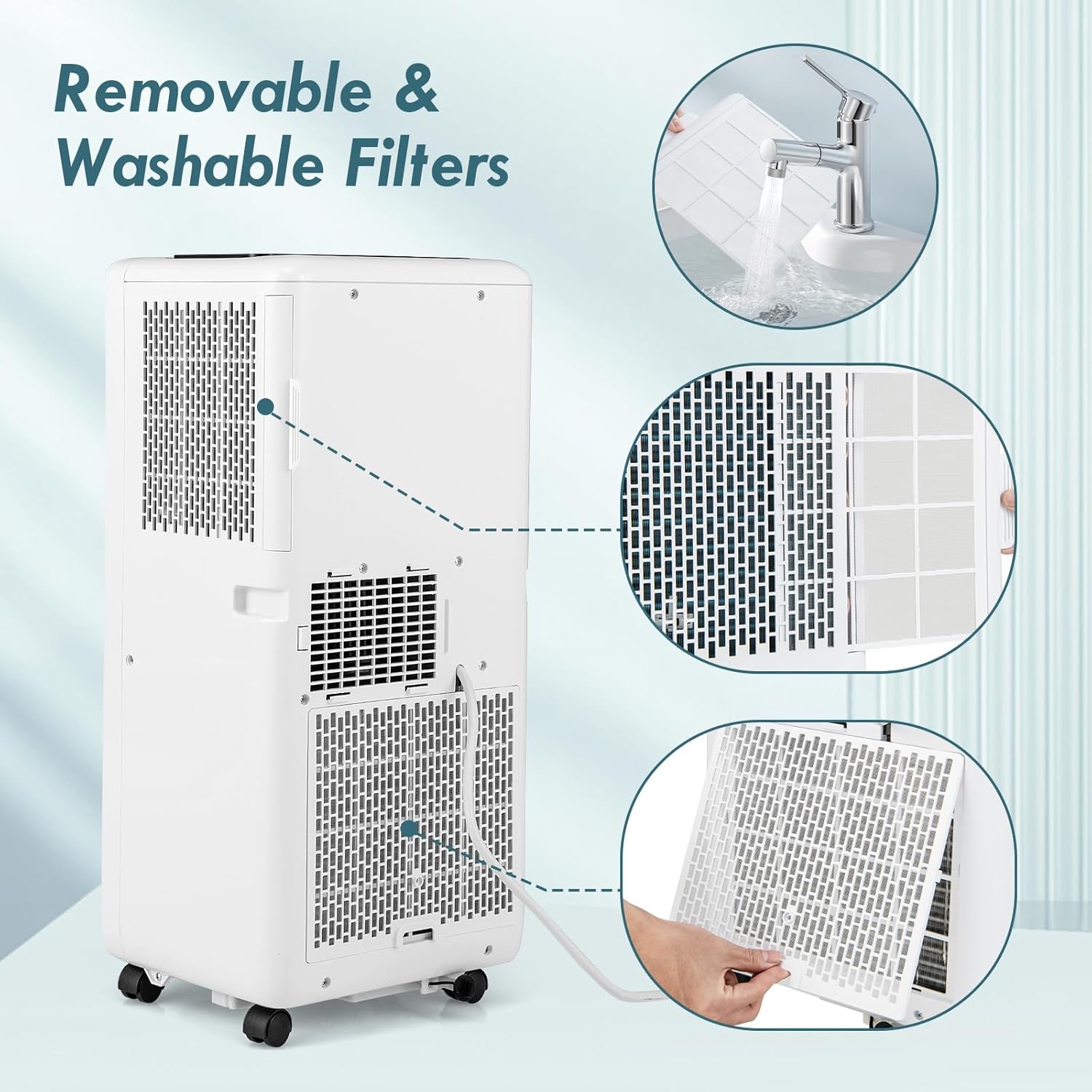 Image demonstrating the removal and washing process of the portable air conditioner's filters.