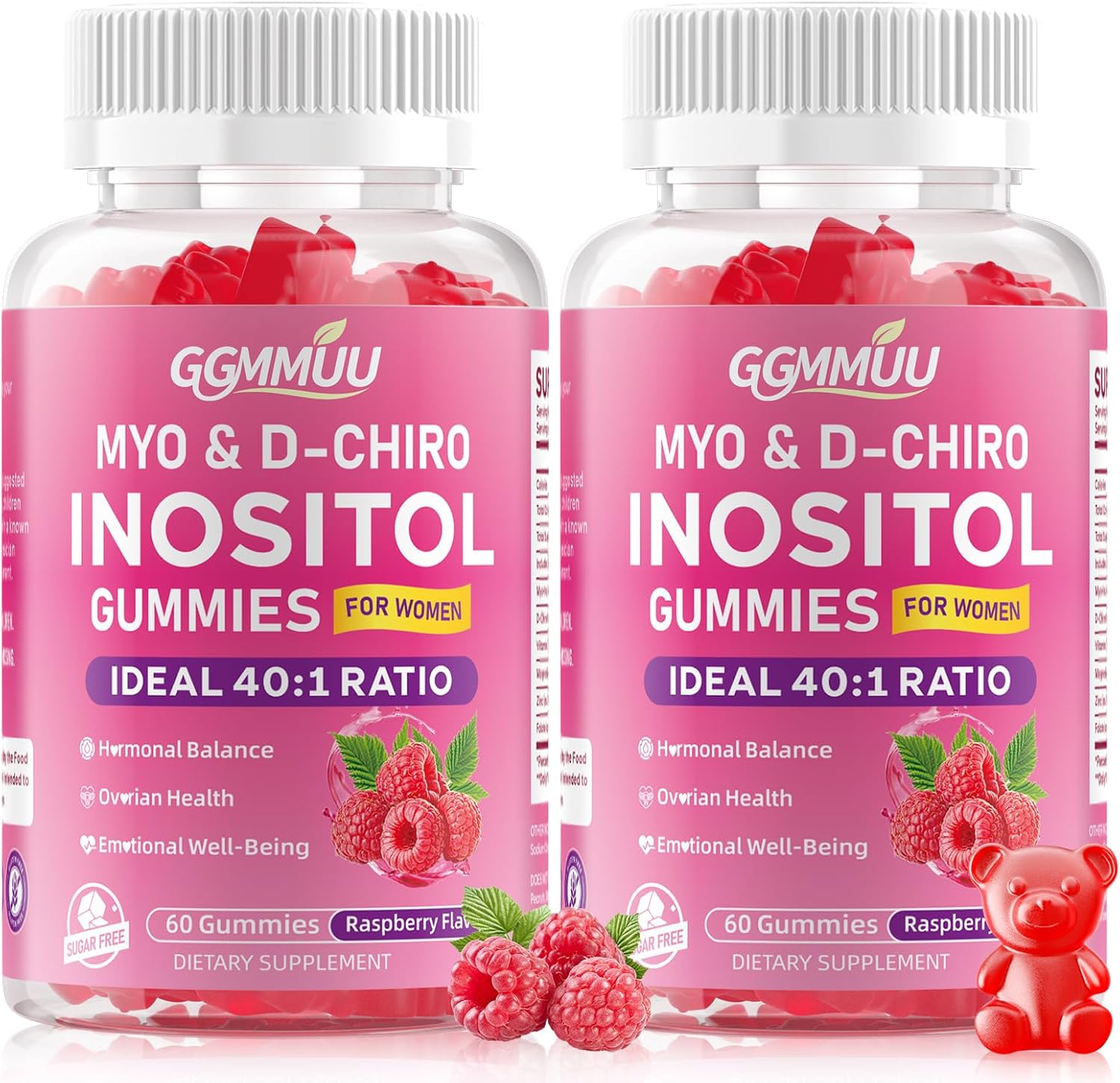2 Pack Myo-Inositol & D-Chiro Inositol Gummies for Women 2000mg + 50mg Ideal 40:1 Ratio with Vitamin D3, Magnesium Glycinate, Folate & Zinc for Female, Raspberry Flavor, 120 Count