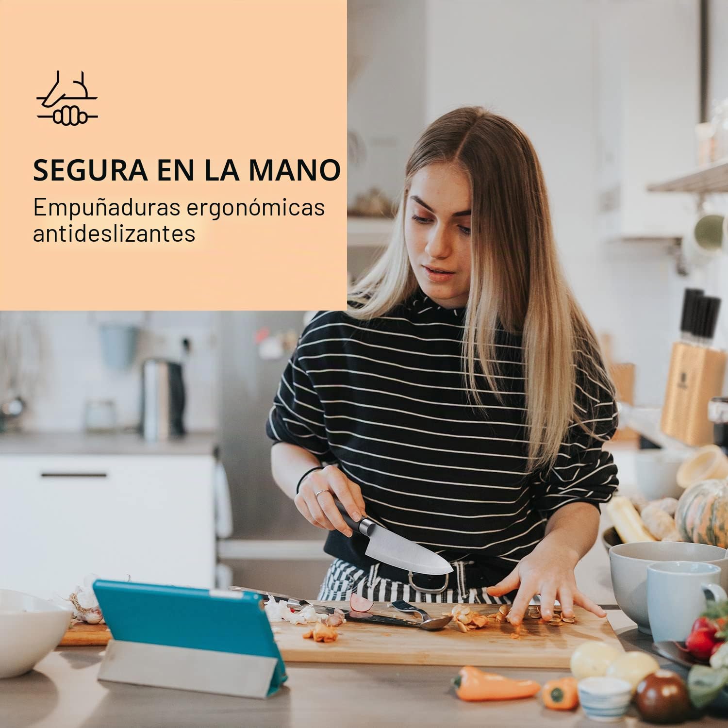 Klarstein Juego de Cuchillos Cocina y Bloque Cuchillo, 7 Set Cuchillos Cocina Profesional y Soporte de Madera, Juego de Cuchillos Chef Acero Inoxidable, Anti Arañazos y Afilados, Diseño Japonés
