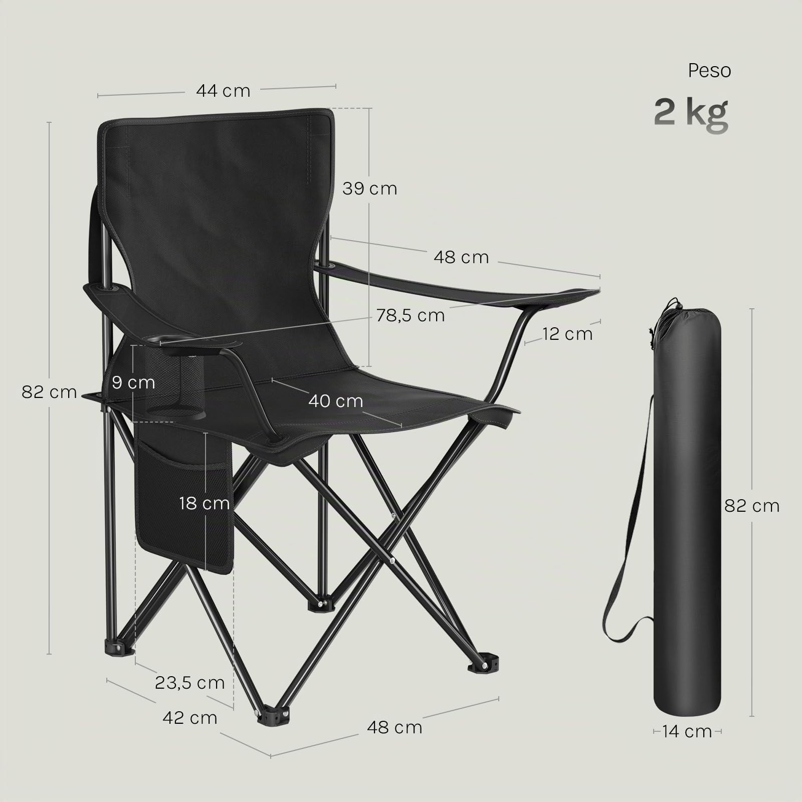 WOLTU 2X Sillas Camping Plegables con Respaldo, Sillas Pesca con Bolsillo Lateral y Portavasos, Tela Oxford, para Playa, Picnic y Terraza, Capacidad de Carga 120 kg,Negro