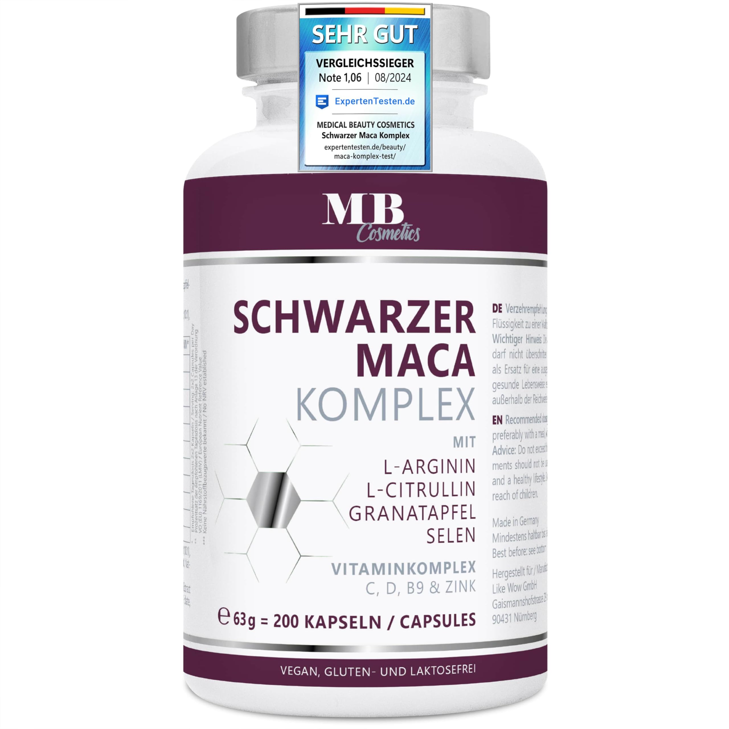 Maca Kapseln 4800mg je Tagesdosis - 200 Maca hochdosiert mit L-Arginin, Granatapfelextrakt, Vitamin C, D, Selen, Zink und Citrullin – veganer 20:1 Maca Extrakt schwarz ohne Zusätze
