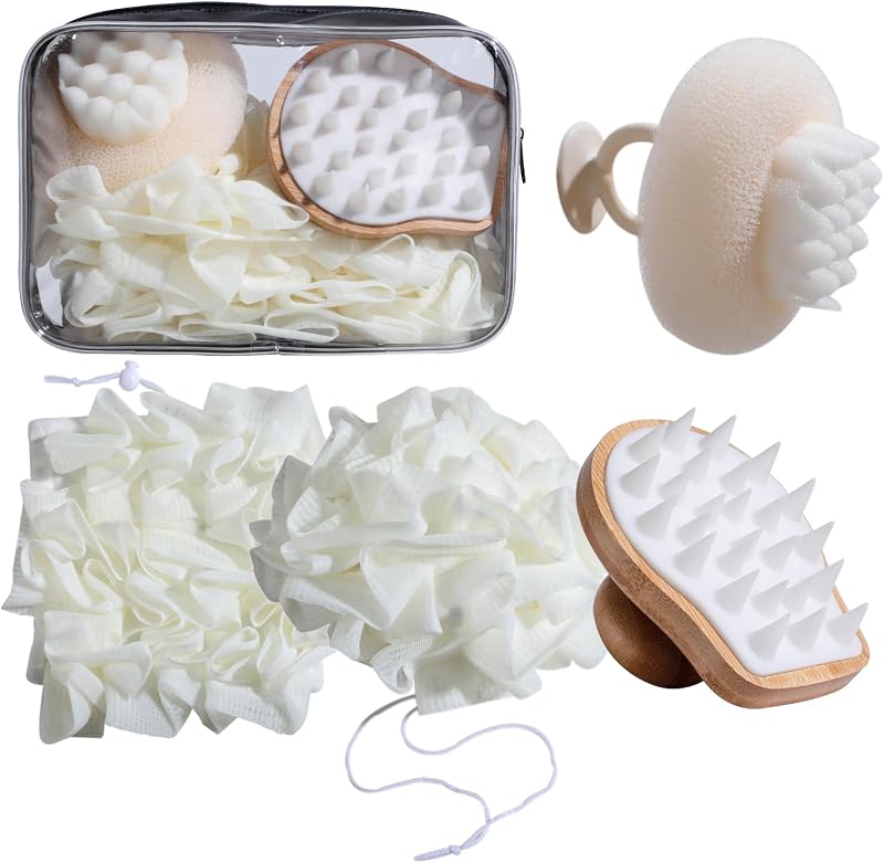 Kit de acessórios para banho NVTED com buchas 2 em 1, escova corporal de silicone, escova para couro cabeludo e bolsa impermeável, 6 peças
