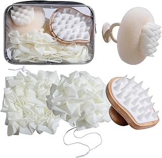 NVTED Bath Tools Set, 5 PCS Loofah Washcloth Combo 2-in-1, Suction Cup Bath Ball，Silicone Body Bath Brush with Waterproof Cosmetic Bag, for Body Wash and Smooth Skin