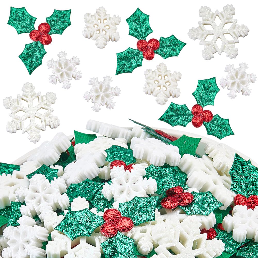 SUNNYCLUE Schneeflocken-Charms, Stechpalmen-Verzierung, Großpackung mit Schneeflocken, Weiß, Winter, Weihnachten, Blätter, Beeren, Glitzer, Mini-Dekor, Stoff, Cabochon für Scrapbooking, Ornamente