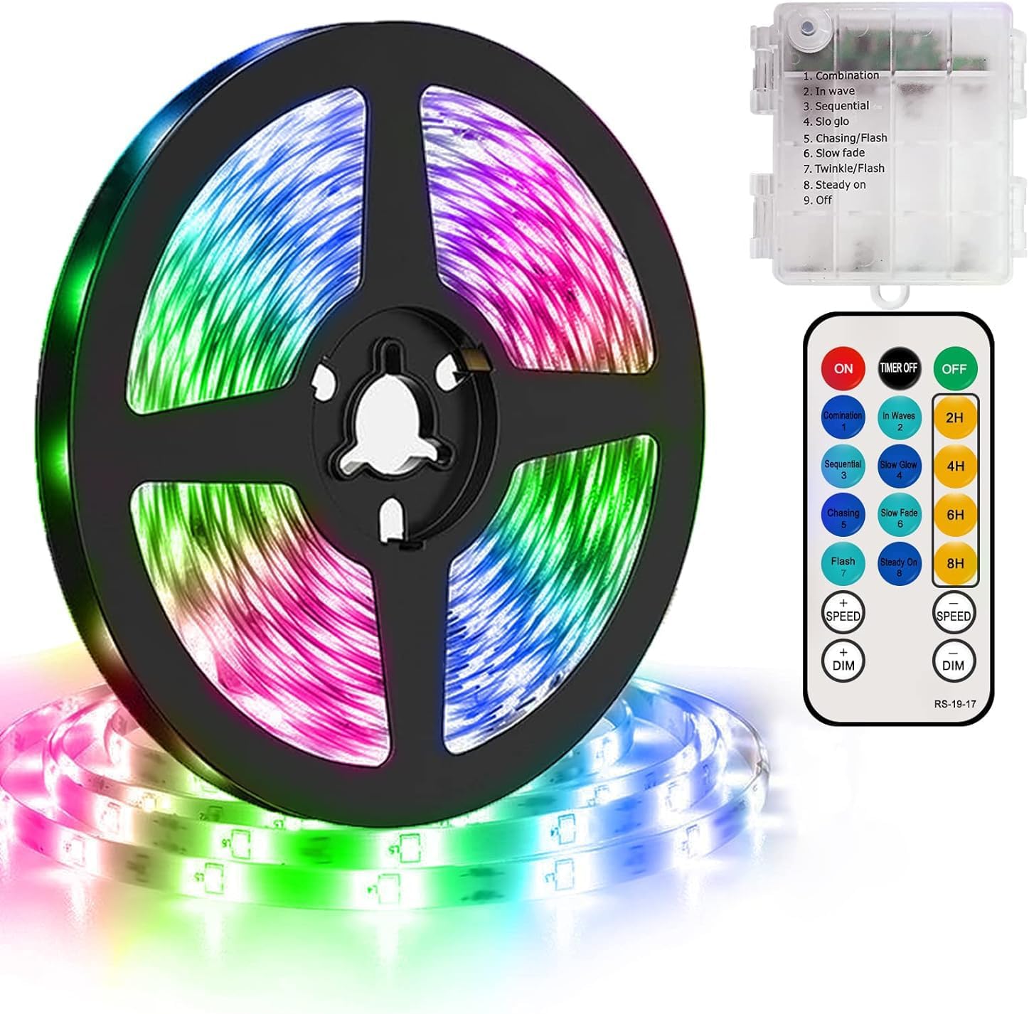 CCILAND 5M Strip Lights Battery Powered, 150 LED Lights Strip with Remote, 8 Modes, Timer, Outdoor Waterproof Self-Adhesive LED Tape Lights for Kitchen Bedroom Cabinet Decor (Multicolor)