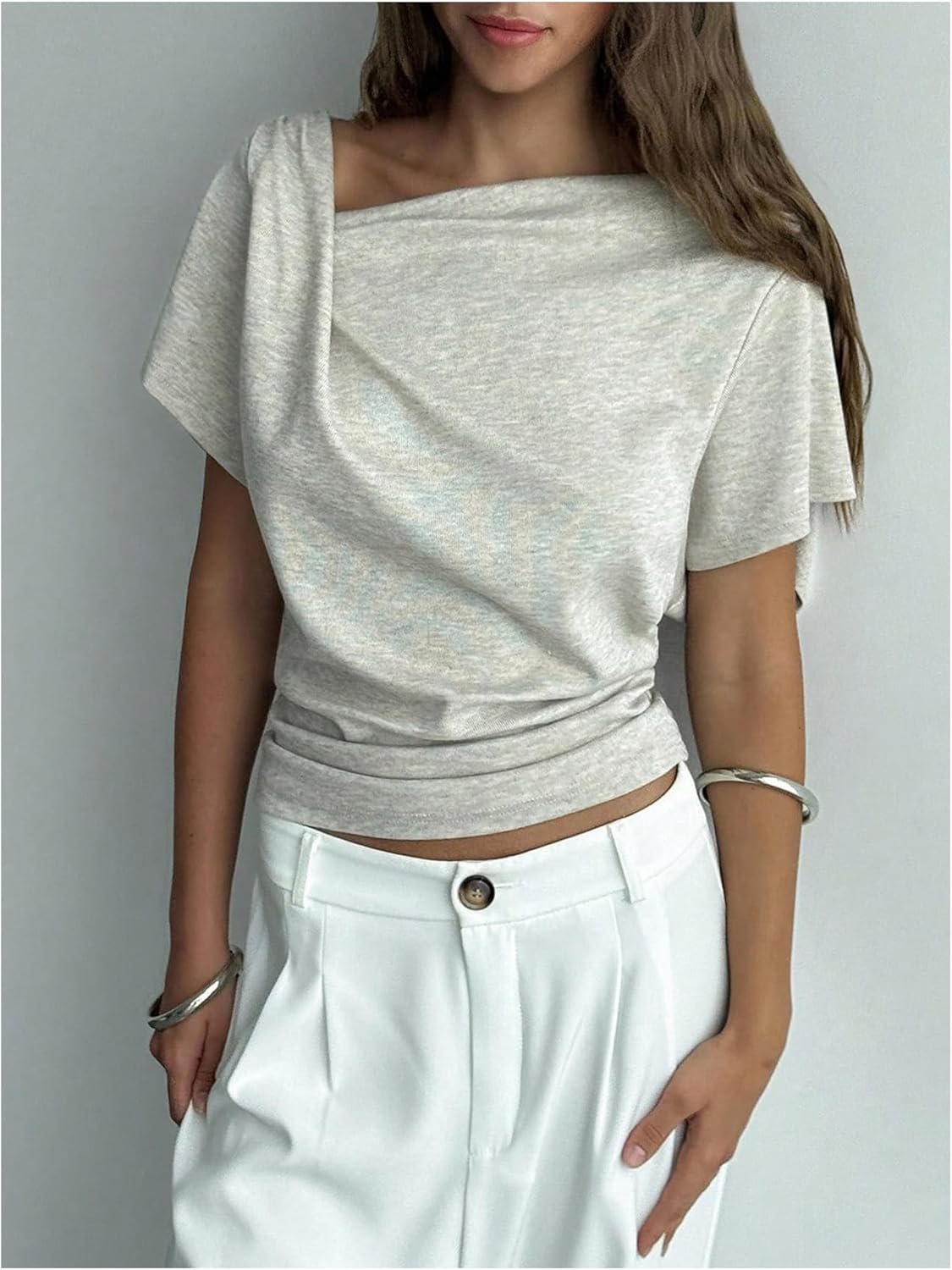 SHENHE Women's Short Sleeve Dolman Top V Neck Asymmetrical Ruched Cinched Waist Top Tee - Image 5