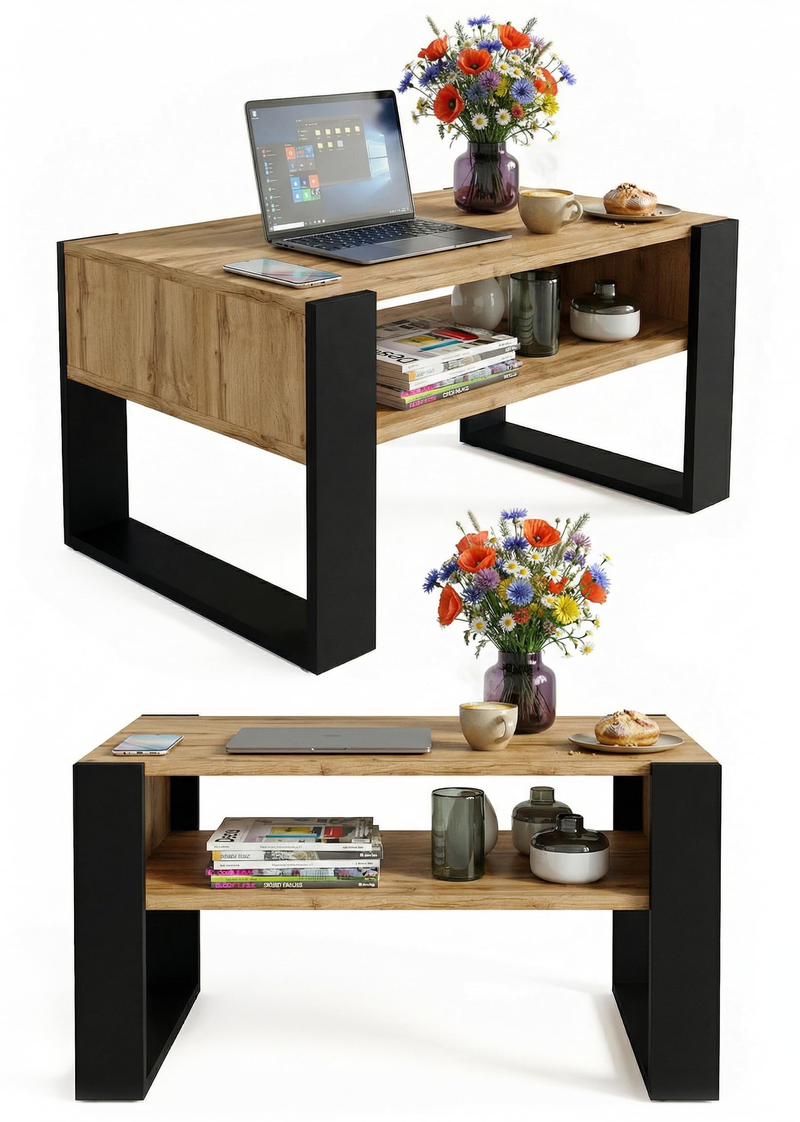 CraftPAK Mesa de Centro para salón de Madera, Mesa Moderna con Estante Adicional, Mesa para sofá, Color Negro
