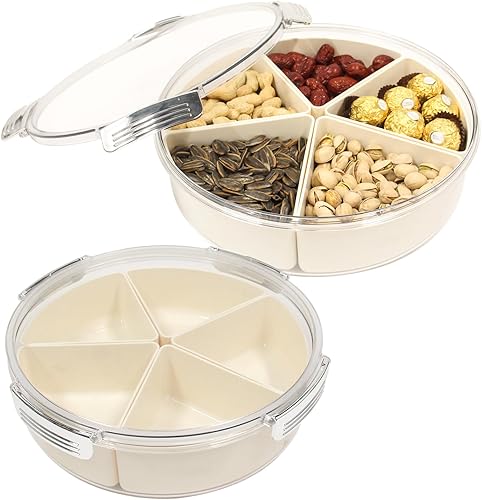 Miniatura 1 de Yuroochii Bandeja dividida redonda mejorada con tapas, contenedor de caja de aperitivos de 5 compartimentos, bandeja de frutas y verduras caja de