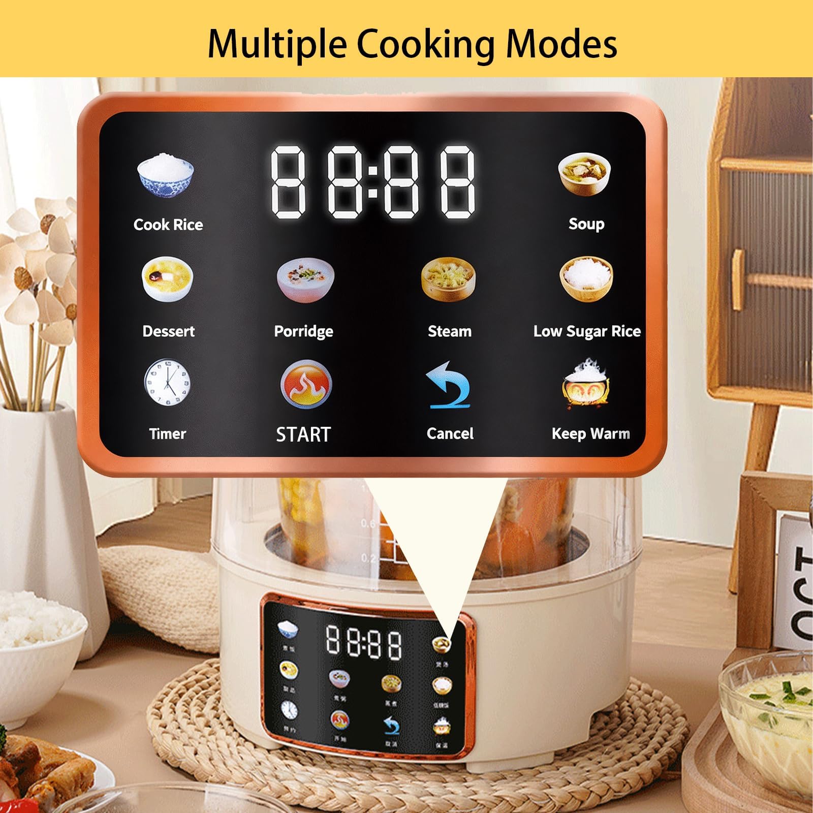 Arrocera de vidrio de 2 litros con cesta de filtro automático, control táctil, temporizador de 24 horas, ideal para cocinar arroz, granos y avena