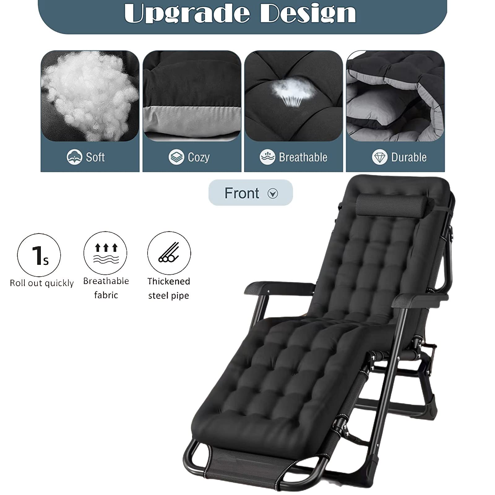 Letto da Campeggio Pieghevole Portatile, Sedia Sdraio Regolabile con Imbottitura Oversize, Letto A gravità Zero per Il Riposo All'aperto, Viaggi E Uso in Ufficio (Color : Black with Mattress)