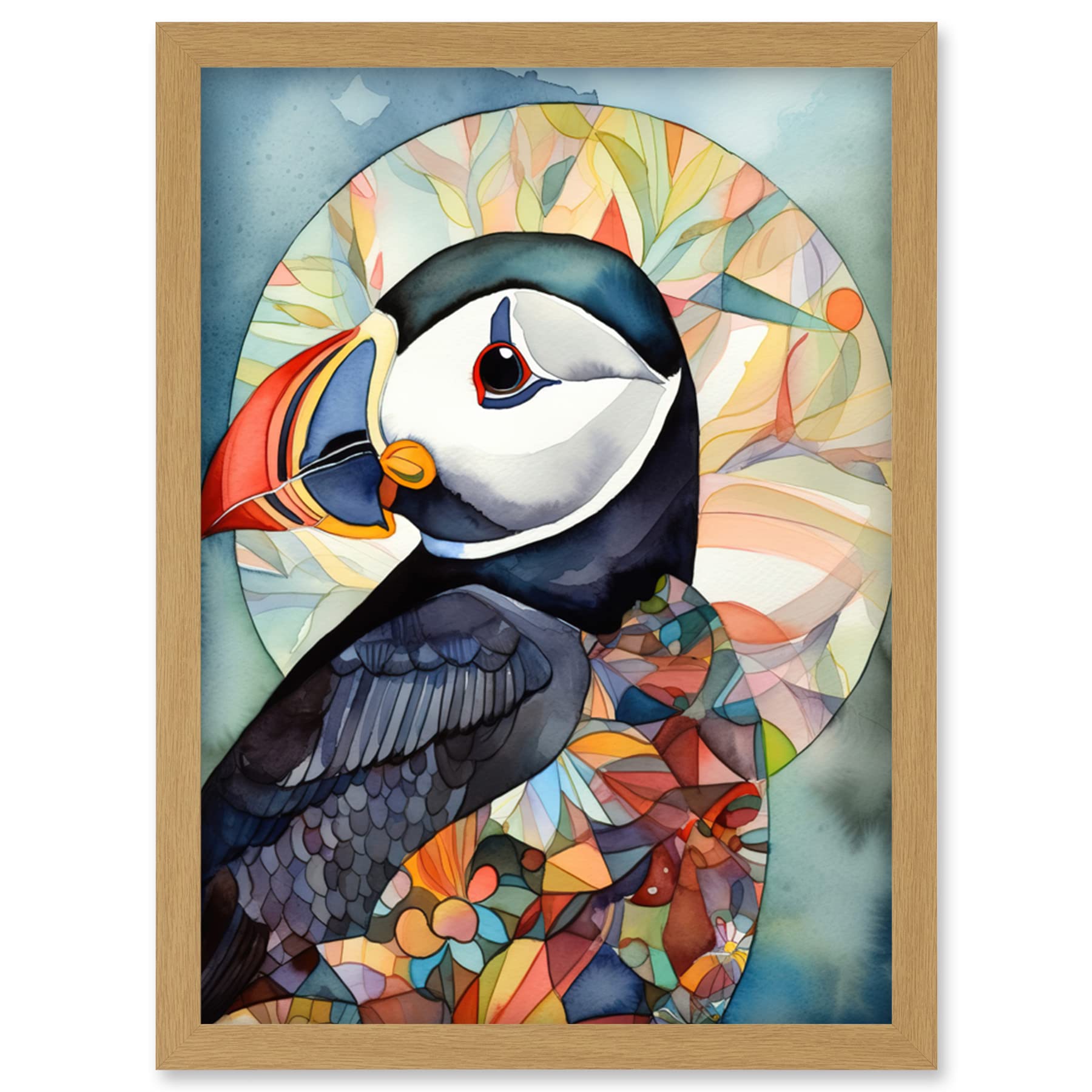 Artery8 Puffin Bird Portrait Folk Art Artwork Framed Wall Art Print A4