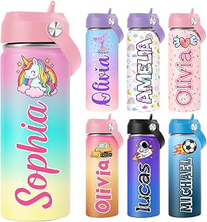 Personalized Water Bottles for Kids - Back to School, Custom 18oz Water Bottle Stainless Steel w/Names, UV Printing Cup with 18 Colors and Cute Elements, Personalized Gifts for Boys Girls