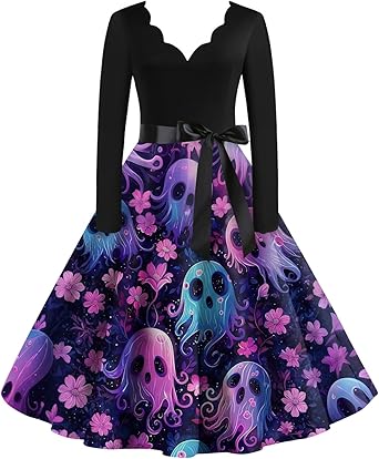 OIOLOYJM Sexy Plus Size Halloween Costumes Woman 2025 Long Sleeve V Neck Printed Gothic Retro Formal Party Dresses for Women