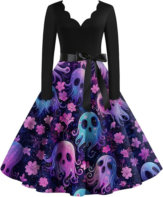 OIOLOYJM Sexy Plus Size Halloween Costumes Woman 2025 Long Sleeve V Neck Printed Gothic Retro Formal Party Dresses for Women