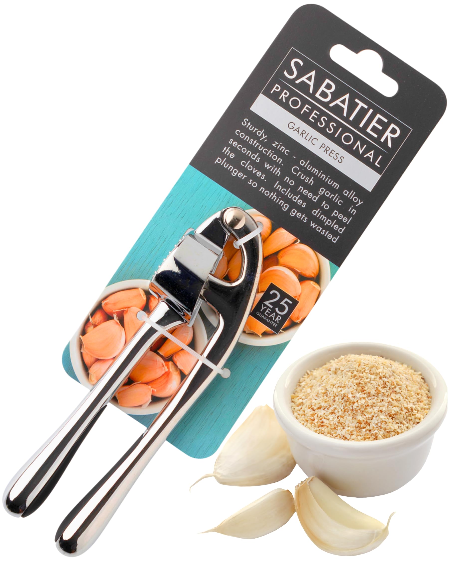 Sabatier Garlic Press - Great Kitchen Gadget for Crushing Garlic Cloves. Easy to Use & Dishwasher Safe, Chrome Coloured Garlic Crusher, Works with Ginger. Must Have Tool for Any Kitchen