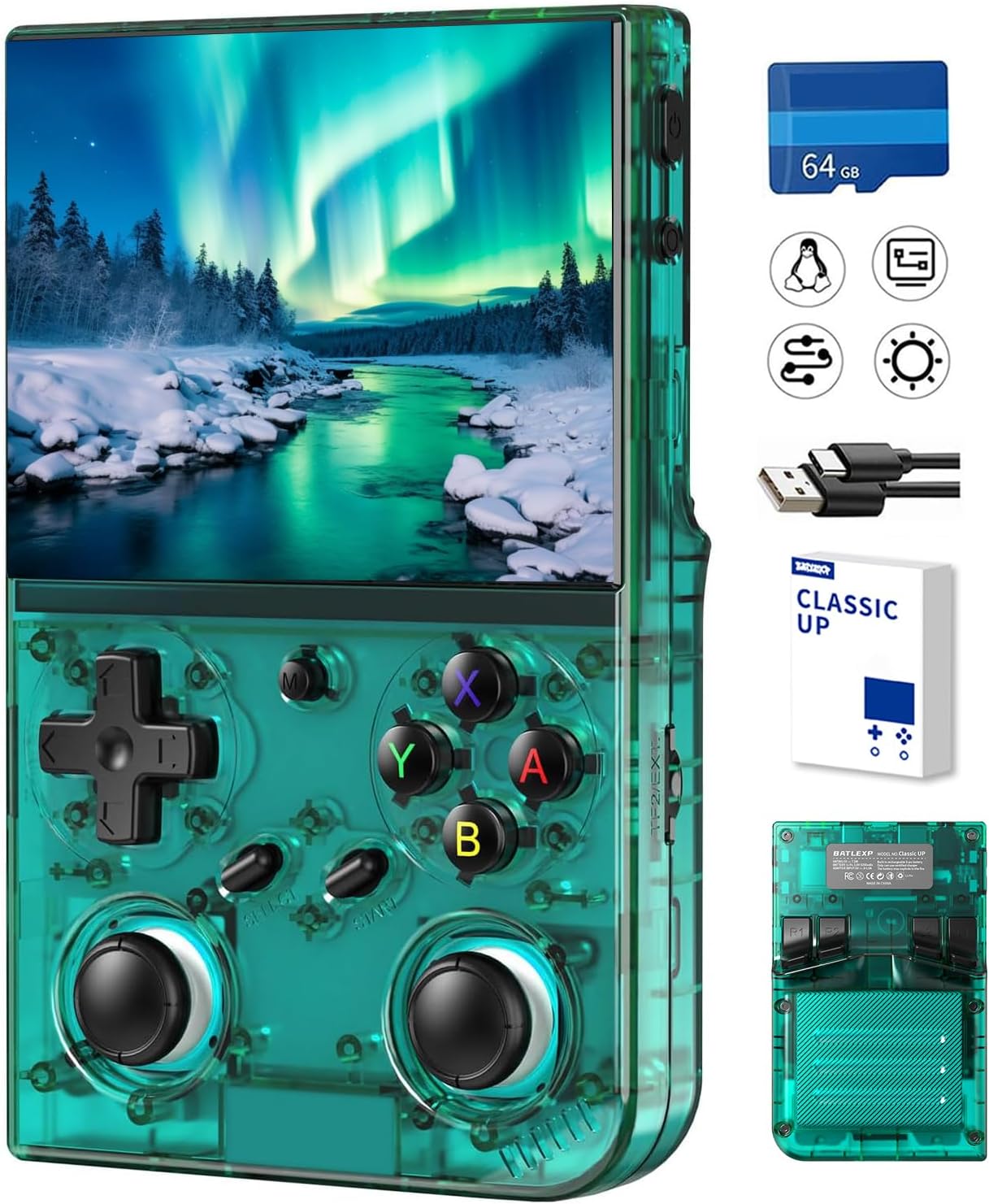 Classic Up Retro Handheld Game Console,Portable Game with 3.5 Inch IPS Screen,with 64G TF Card Pre-Installed 4353 Games Supports 5G WiFi Bluetooth HDMI and TV Output 35XXPRO Green