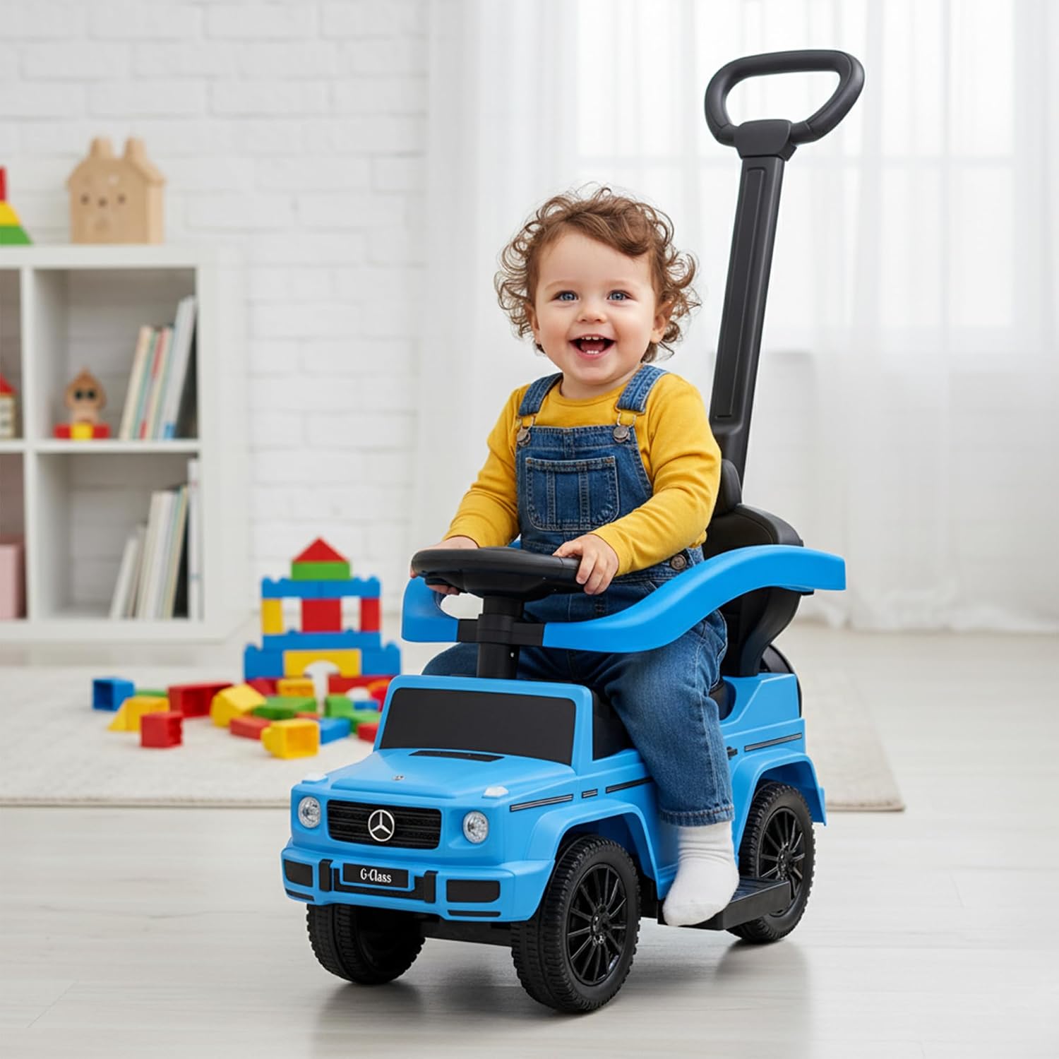 Best Ride On Cars Kids Outdoor Stroller Mercedes G-Wagon 3-in-1 Push Car with Detachable Handle, Safety Rails, and Working Horn, Blue