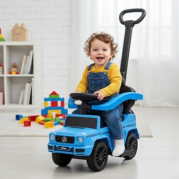 Best Ride On Cars Kids Outdoor Stroller Mercedes G-Wagon 3-in-1 Push Car with Detachable Handle, Safety Rails, and Working Horn, Blue