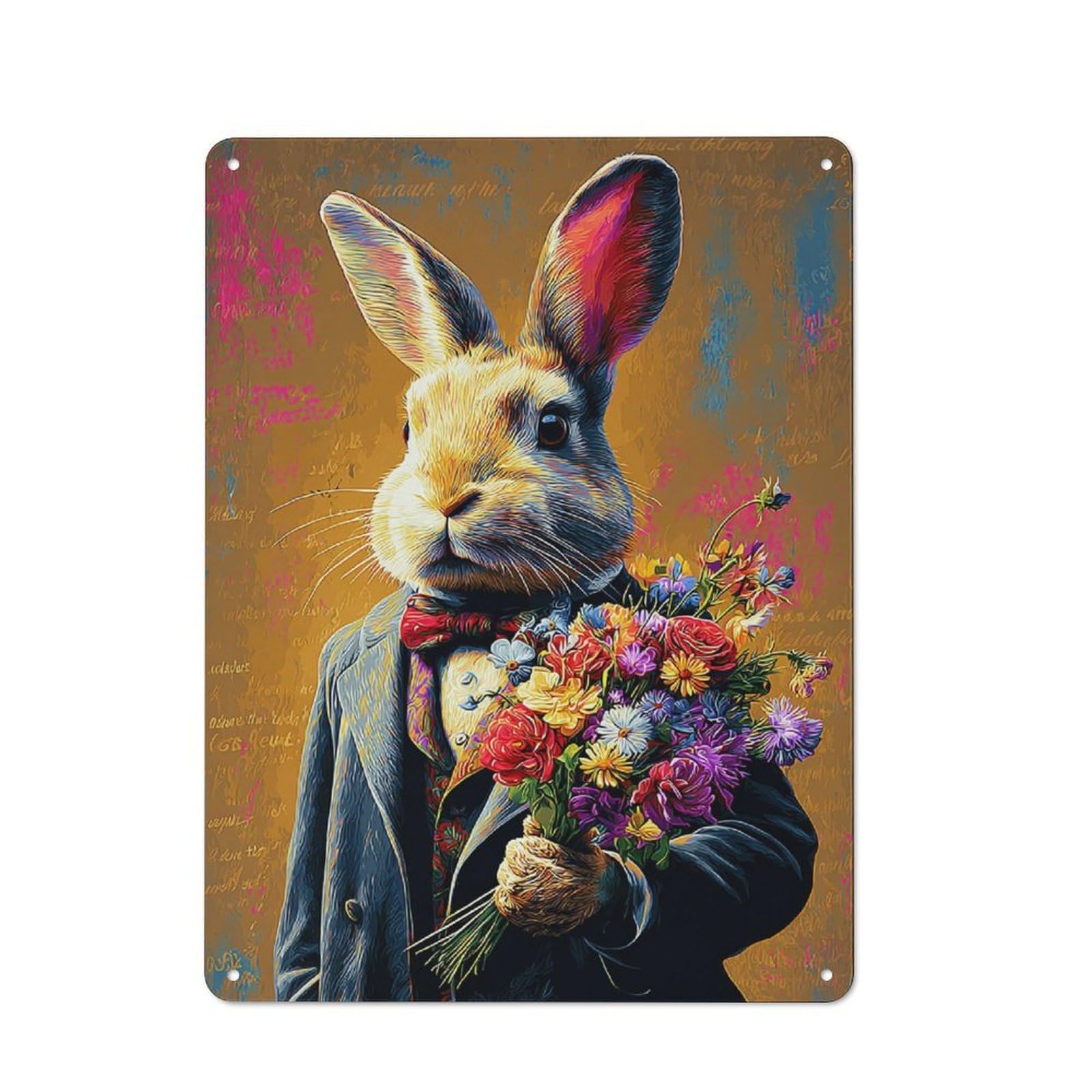 Junmoney Artistic Rabbit With Flowers Metal Wall Plaque, Easy To Hang Plaque For Garage, Shed, Workshop Or Hobby Room, 40X30cm