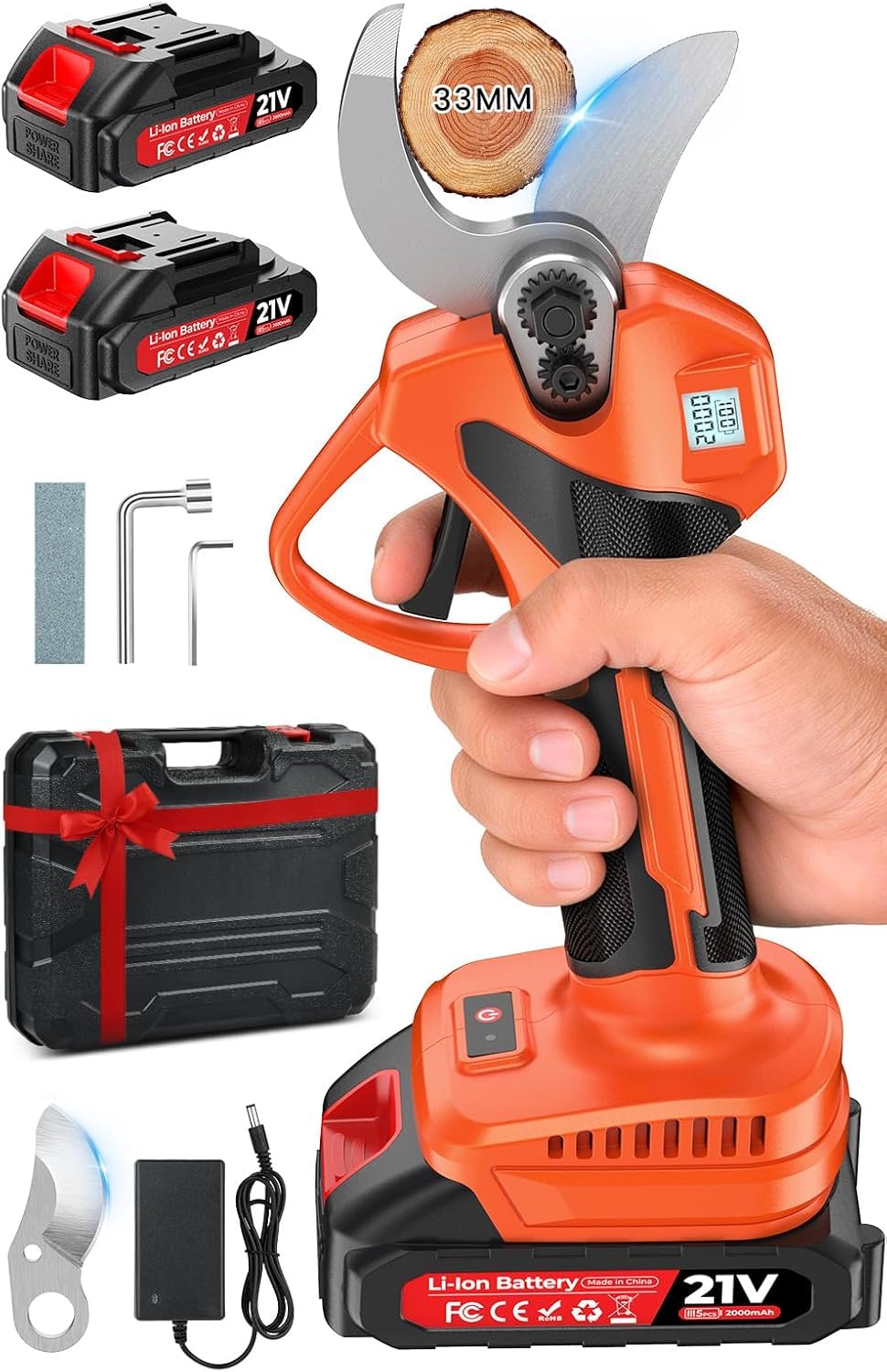 Tijeras de Podar Eléctricas, 33mm Tijeras de Podar Bateria con 2 x 2 Ah Baterías,21V Motor Sin Escobillas,Pantalla LCD y SK7 Cuchillas, Ligera Tijeras Podar para Jardinería, Árboles Frutales, Rosales