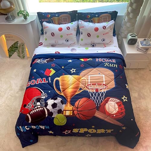 Jameswish Juego de edredón deportivo para niños, tamaño matrimonial, 7 piezas, juego de ropa de cama de baloncesto, fútbol, béisbol, para niños,