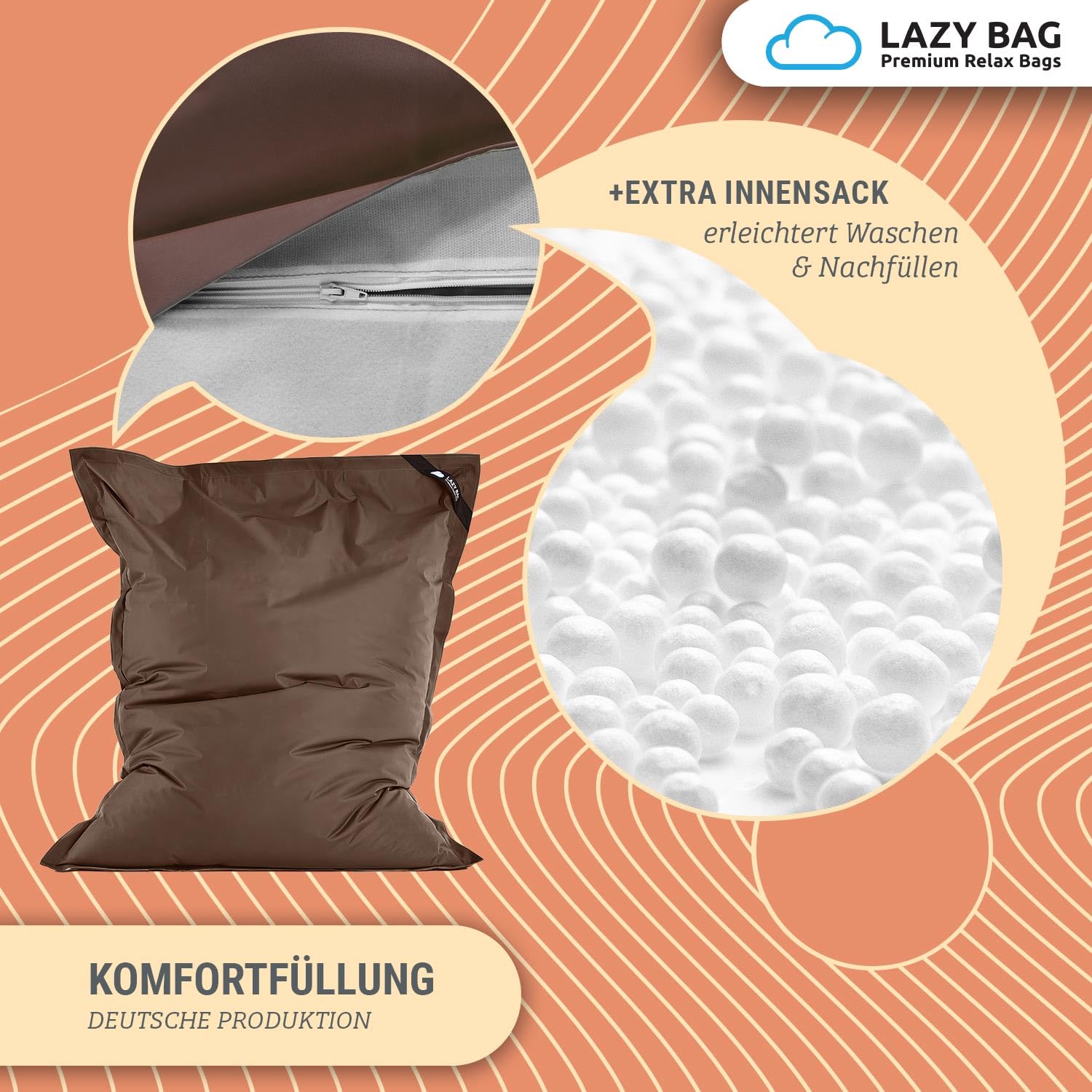 Lazy Bag Original Zitzak XL 250 Liter Reuze Zitzak Junior Kussen Armstoel voor Kinderen & Volwassenen 160x120 (Beige