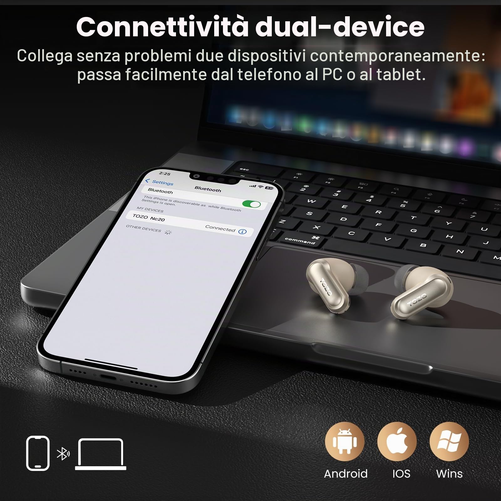TOZO NC20 Cuffie Bluetooth 5.4 con ANC, Hi-Res LDAC, 6Mic ENC per Chiamate | Traduzione Vocale IA in Tempo Reale, Note Riunione, IPX8 Rilevamento Automatico, Dual Connection, Ricarica Wireless