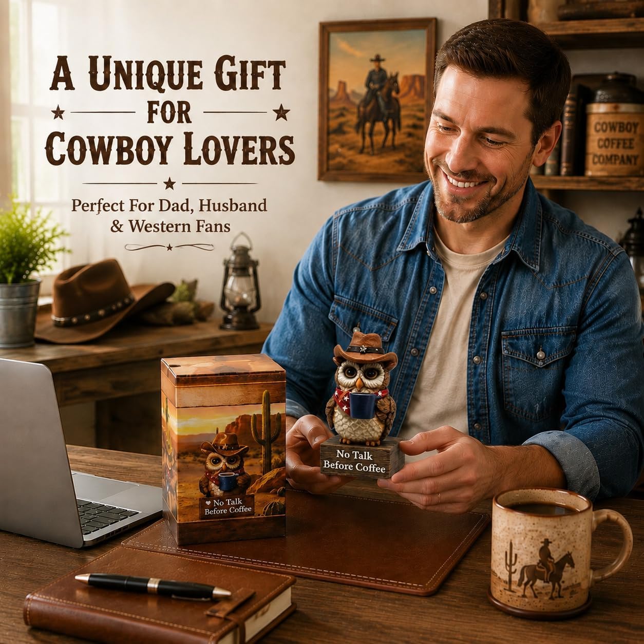 Hodao Cowboy Owl Figurine, No Talk Before Coffee Desk Decor, Coffee Gift image 5