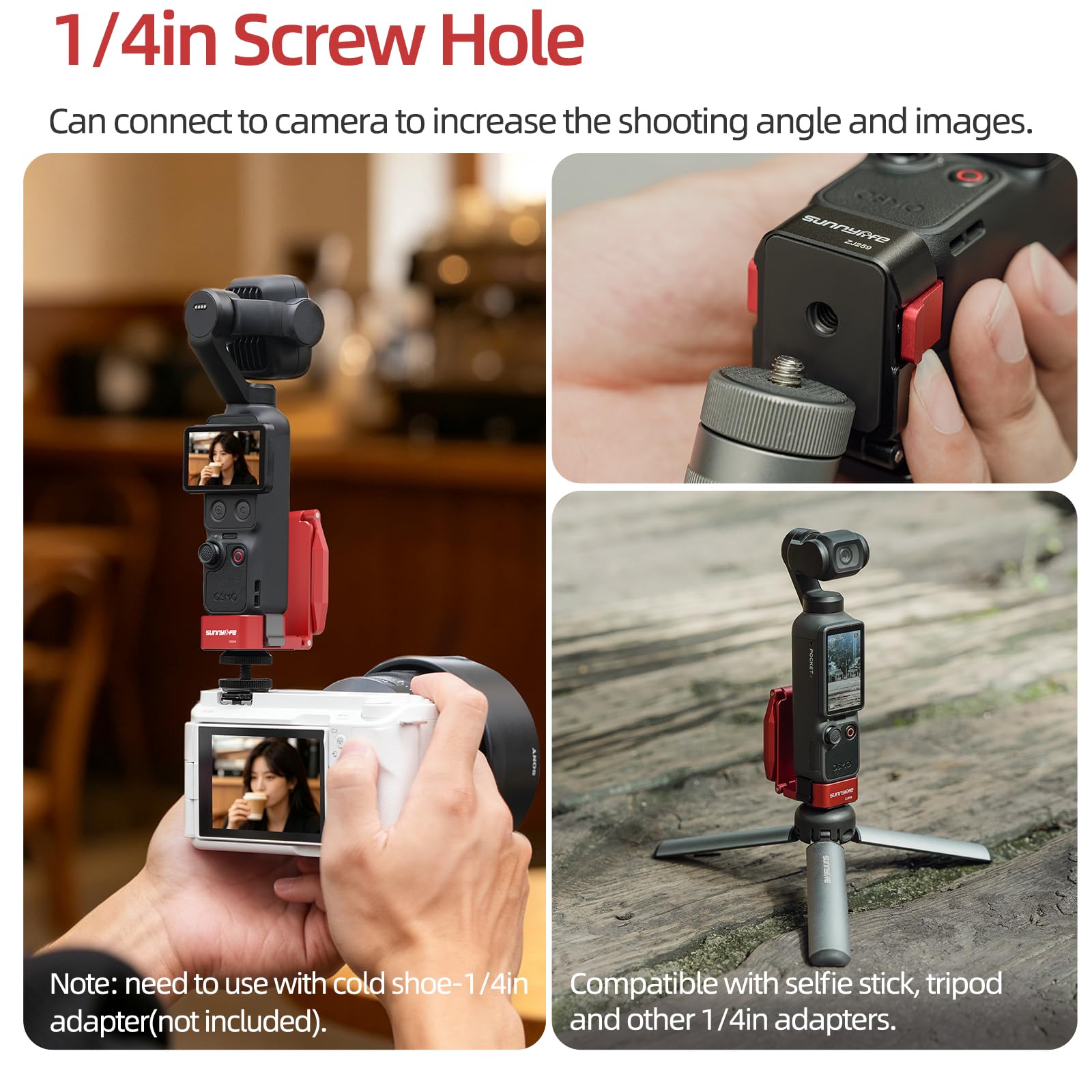Generico Supporto con fissaggio magnetico per DJI Osmo Pocket 4 Pro/4/3, adattatore di espansione magnetico in lega di alluminio con impugnatura regolabile a 180° e vite da 1/4″, rosso