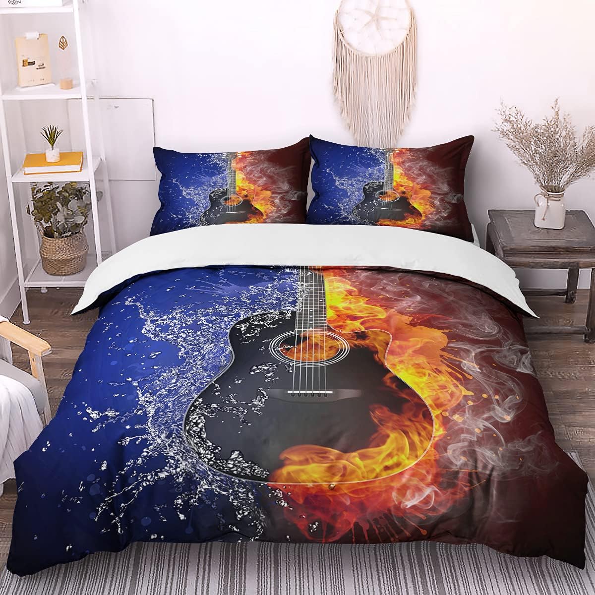 Guitar Duvet Cover Set Queen, Music Comforter Cover Set with 2 Pillowcases Flame and Ice Soft Microfiber Bedding Set 3 Pieces with Zipper Closure Queen Size (90"x90")