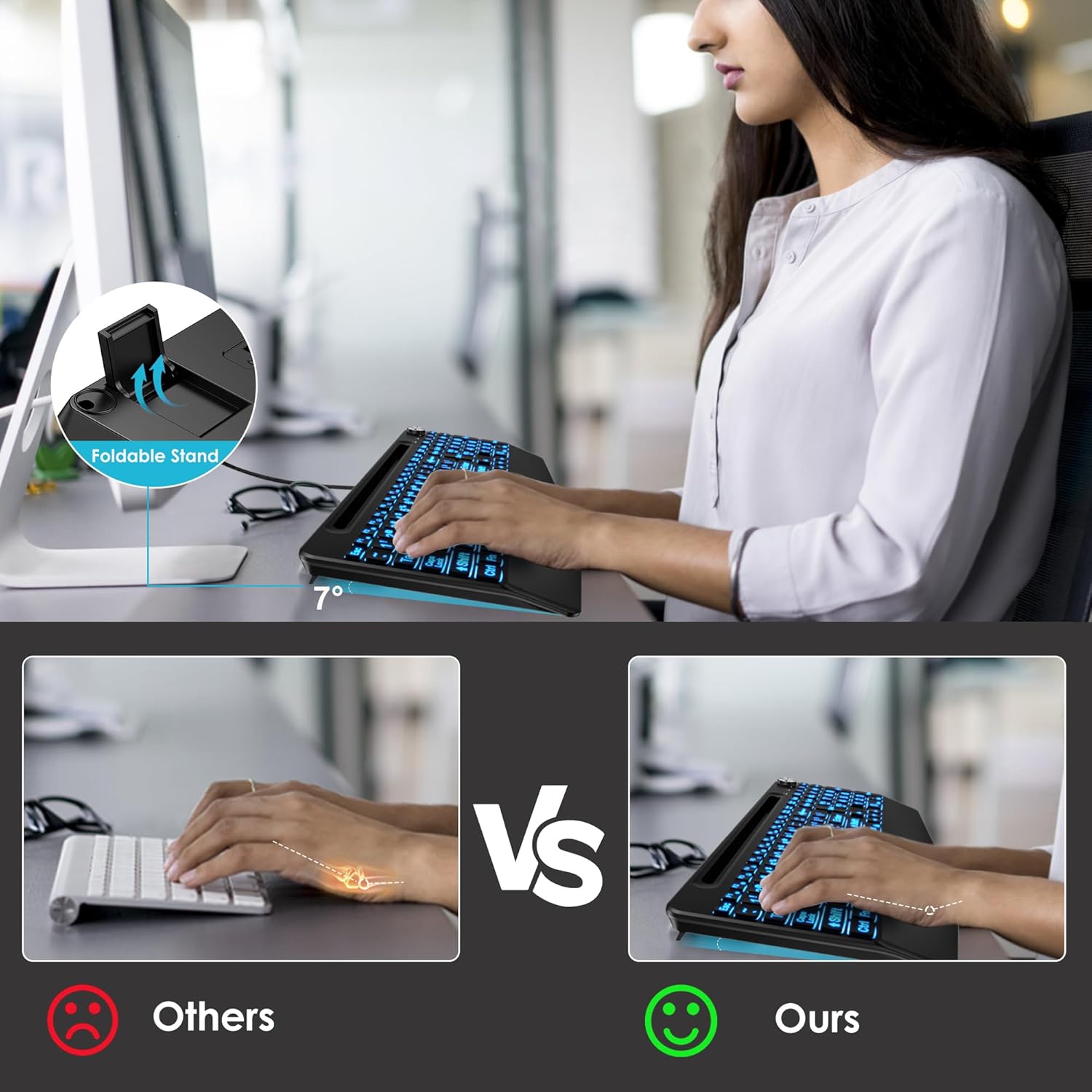 Wired Large Print Keyboard with 7 Colored Backlits,with Phone Holder &Wrist Rest, Lighted up Full Size Keyboard for Mac Windows Laptop PC, Black