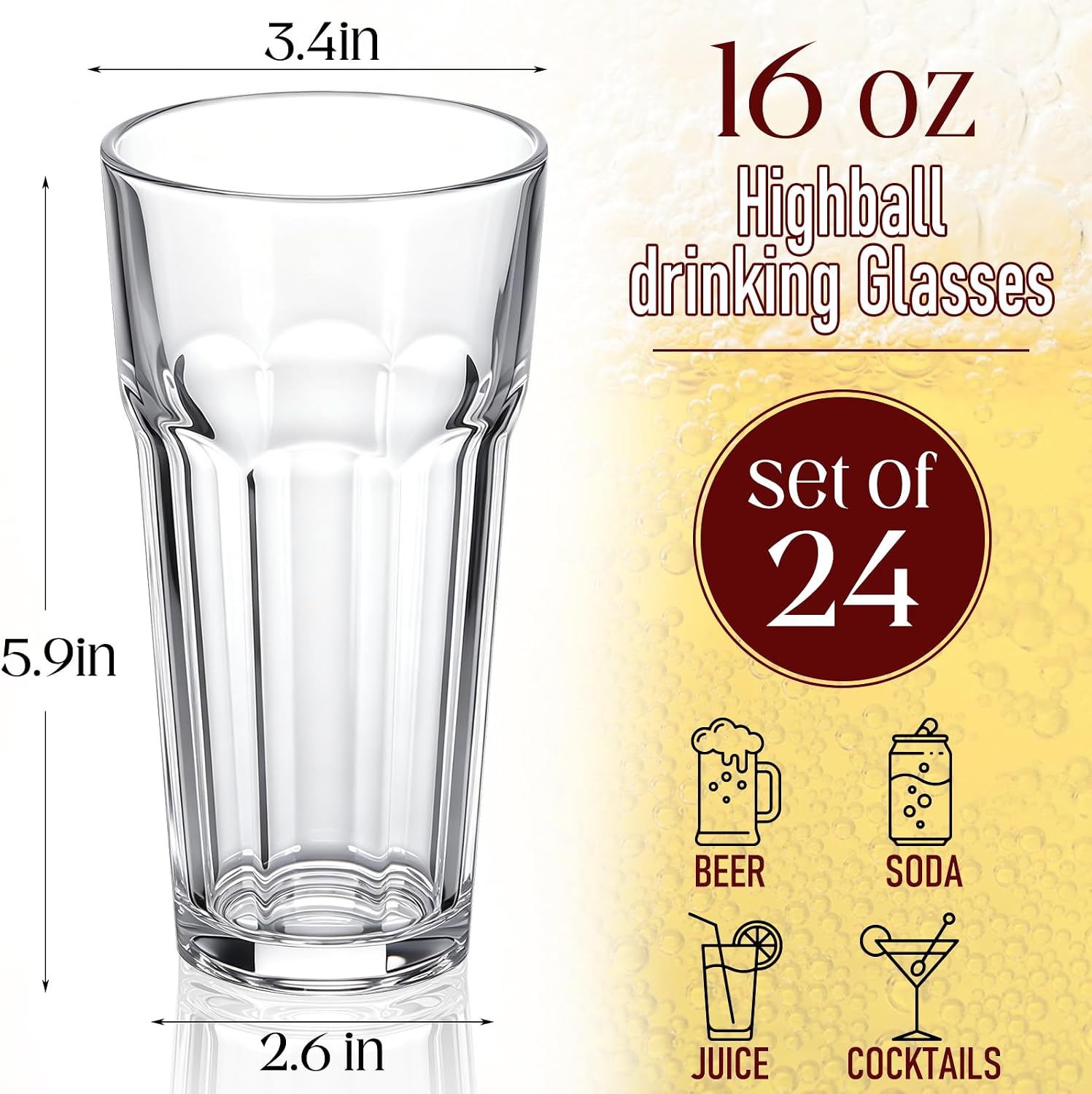 Patelai 16 oz Highball Drinking Glasses Set of 24 Iced Tea Glasses