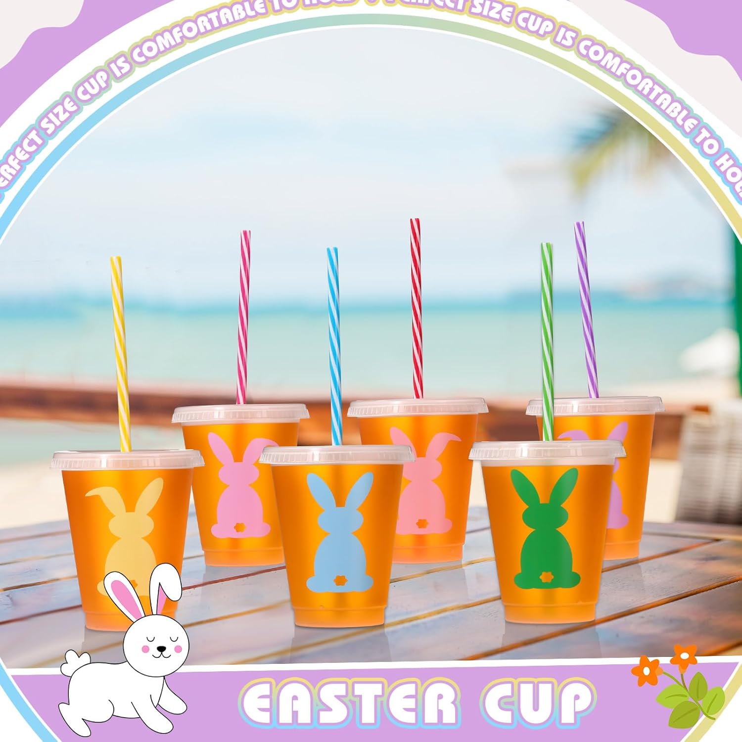 12 Pcs Easter Plastic Cups with Lids and Straws Bunny Rabbit Cups Bulk Reusable Tea Coffee Tumbler for Easter Day Party Drinkware Holiday Supplies (16 oz) - Image 3