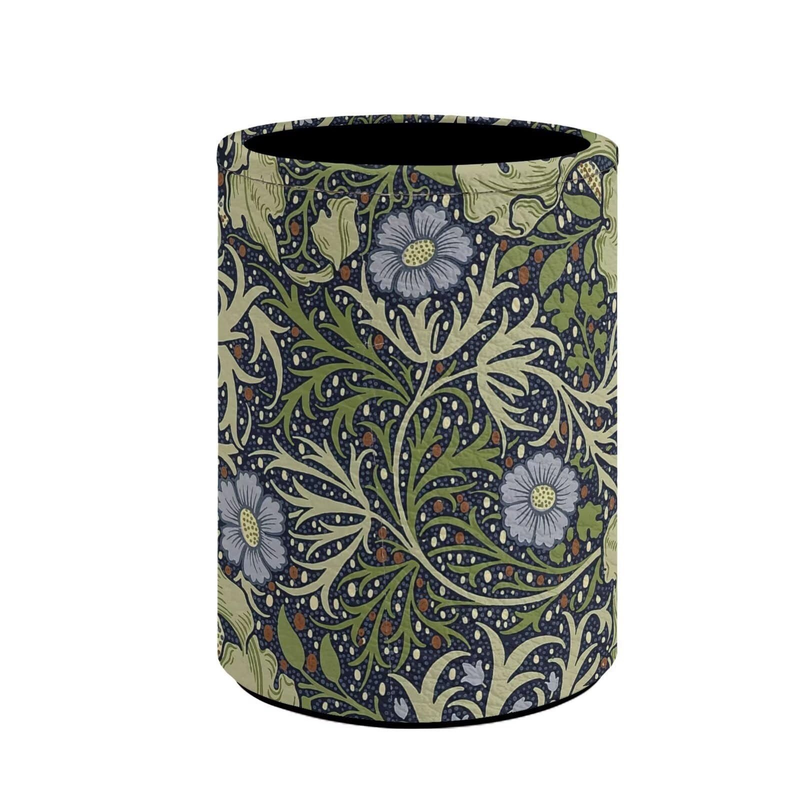 Buxolandt William Morris Works Print Round Pencil Pen Cup Holder PU Leather Stand Desk Organizer Desktop Stationery Container Decor Accessories for Home, School, Office (7.6 x 7.6 x 10.3 cm)