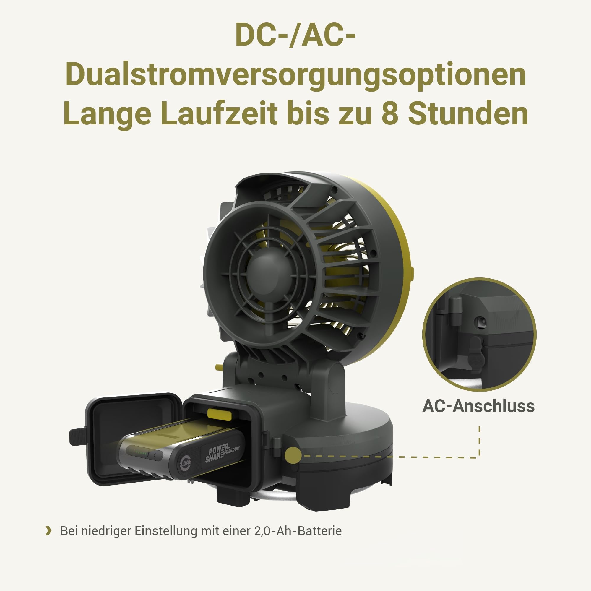 EXIT Akku-Nebelventilator EX022 20V,ideal für Camping, Grillpartys & Strand | 3 Geschwindigkeiten, 3 Nebeleinstellungen, bis 8 Std. Laufzeit, 60° Schwenkkopf, für Camping, Grillpartys & Strand, 19L Eimer