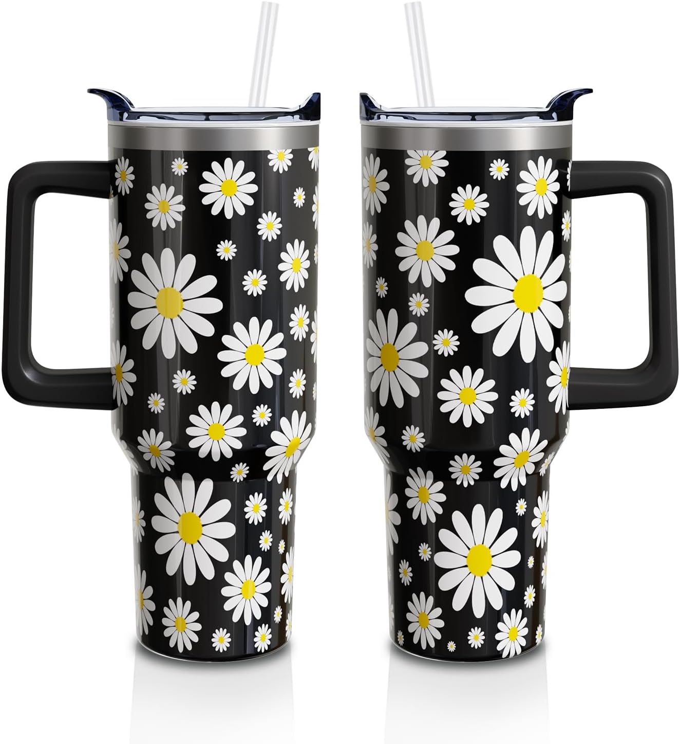 Daisy Gifts 40 Oz Tumbler with Handle and Lid Straw, Black flower Stainless Steel Double Walled Vacuum Insulated Cup Mug, Floral Lover Birthday Gifts for Women Girls (1 PC)