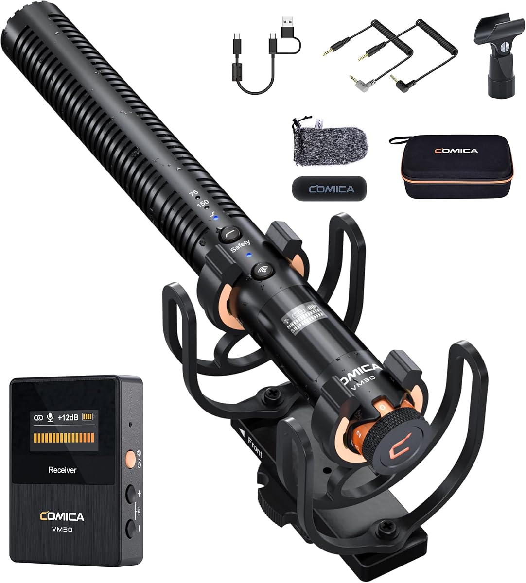 VM30 Wireless Shotgun Microphone for iPhone Canon Nikon Sony Camera | Wired&Wireless Modes, Noise Cancellation, Safety Mode, 48H Working, 328ft Range, Video Mic for Film Podcasting Live Streaming