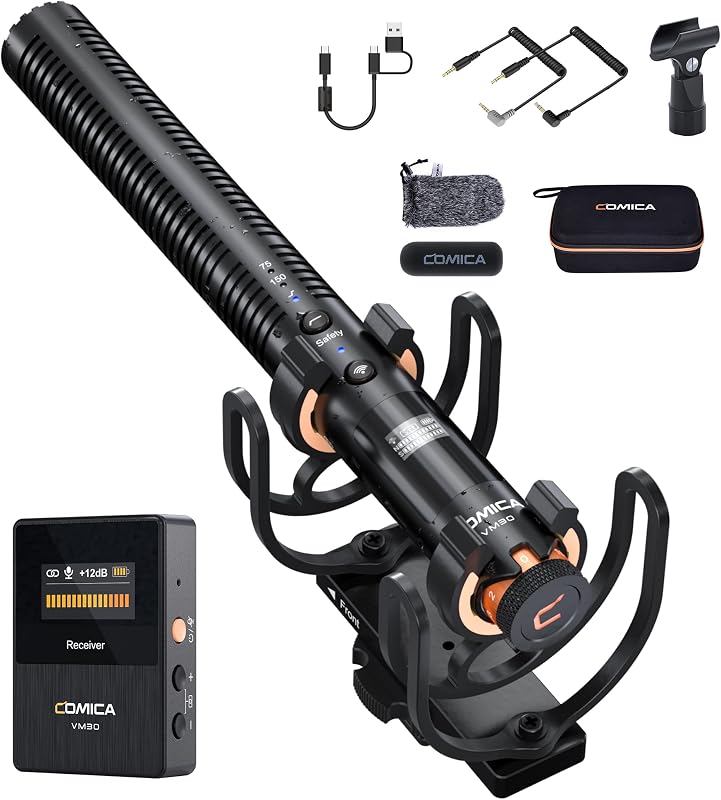 VM30 Wireless Shotgun Microphone for iPhone Canon Nikon Sony Camera | Wired&Wireless Modes, Noise Cancellation, Safety Mode, 48H Working, 328ft Range, Video Mic for Film Podcasting Live Streaming
