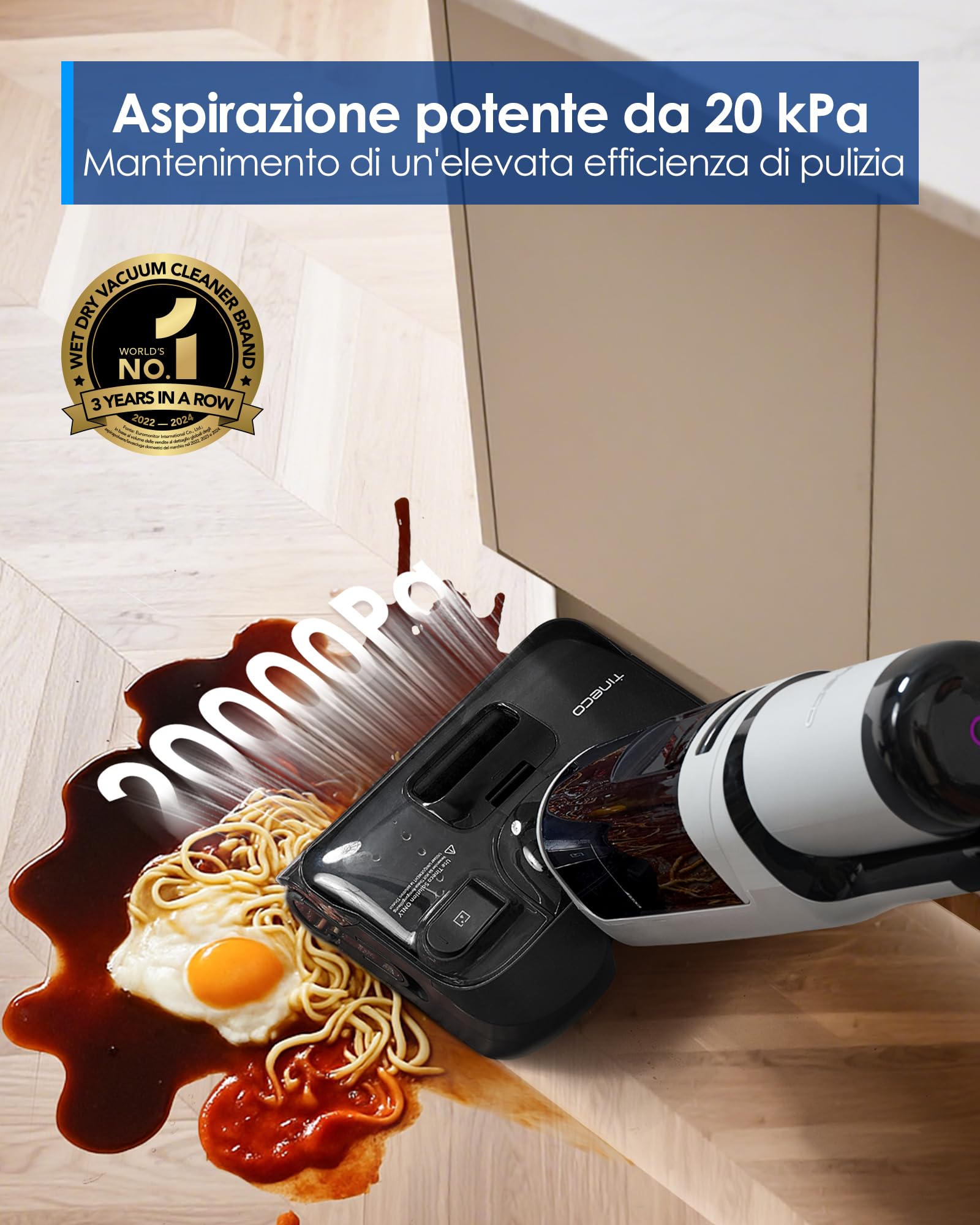 Tineco FLOOR ONE i5 Stretch Aspirapolvere Lavapavimenti, 20000Pa Potente, Aspira e Lava Insieme, Design Piatto 180°, Anti-Groviglio, Pulizia Bordi, Autonomia 30 Min, Serbatoi Capienti