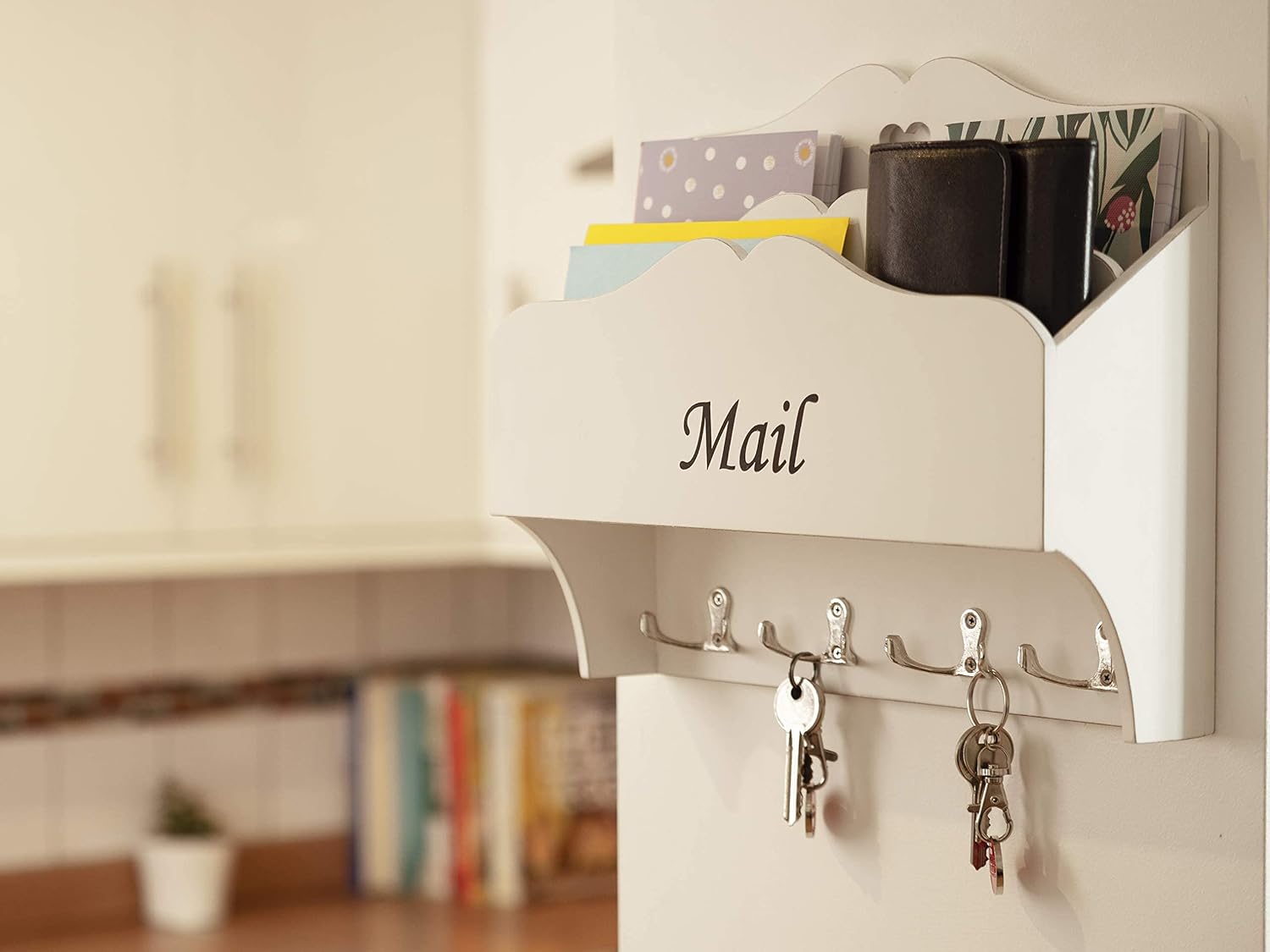 Mail and Key Holder for Wall - White Wood Entryway Wall Organizer with 4 Double Hooks for Keys - Wall Mounted Mail Key Organizer - Decorative Mail and Key Organizer for Office, Mudroom, Hallway