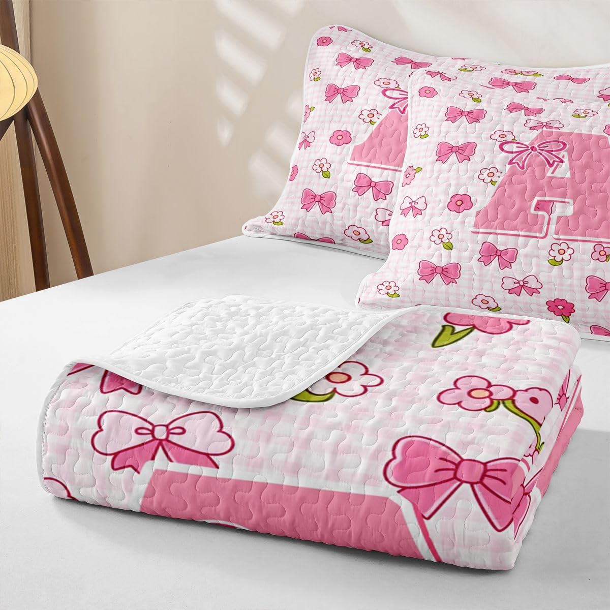 Feelyou Pink Cute Bow Quilt Twin Size for Kids
