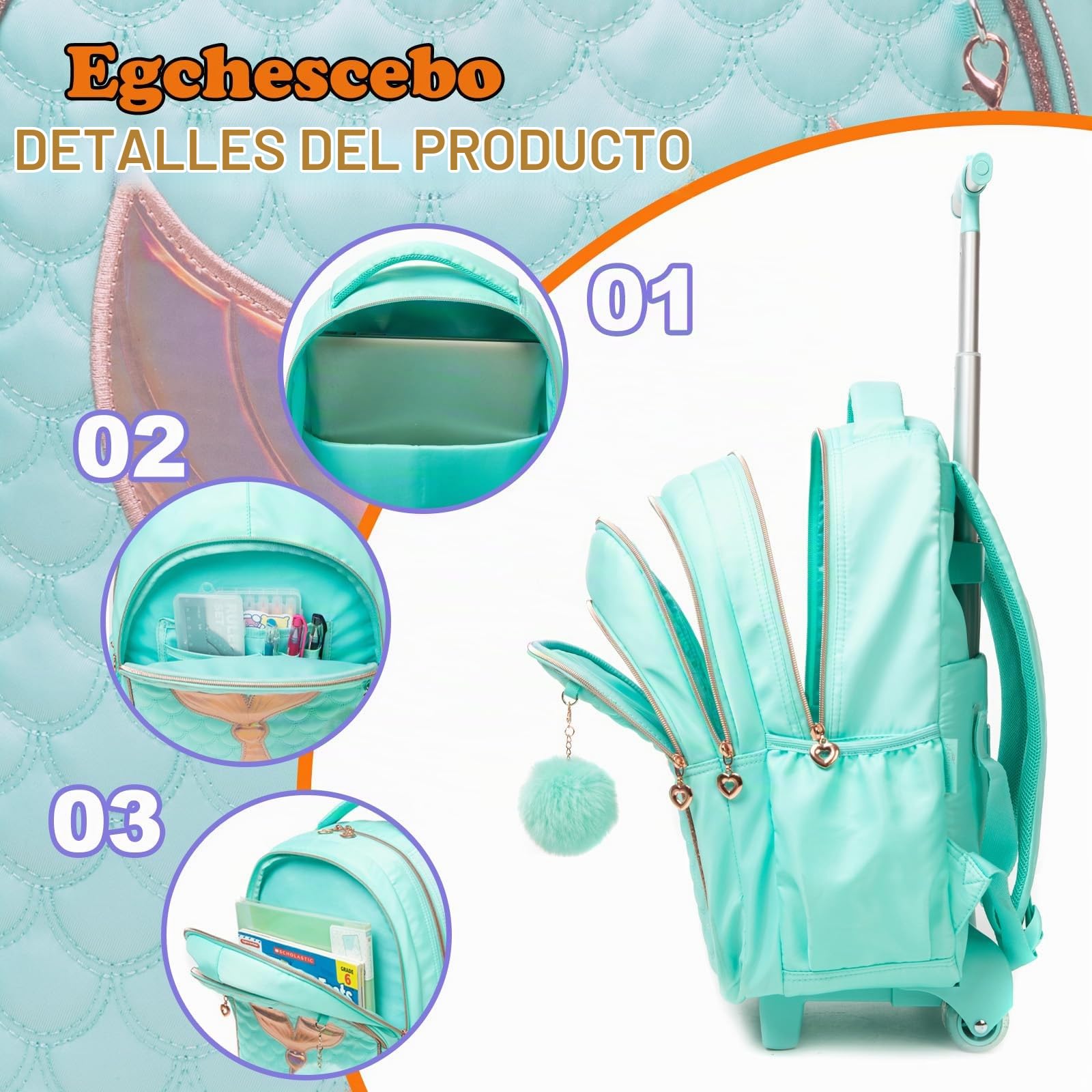 Mochilas Escolares con Sirena Ruedas Carro Niña 17" 3PCS Mochila Carrito para Trolley Escolar Bolso de Viaje Estuche Stitch Mujer Maleta Colegio Grande Medianas Infantil Niñas Azul Cielo