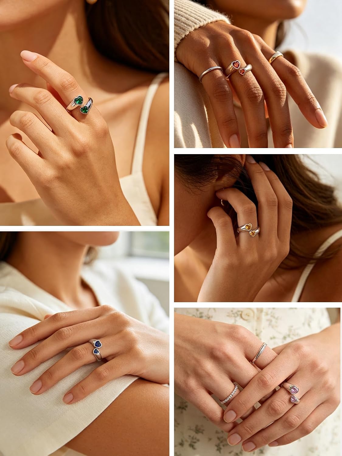 AVECON Double Heart Birthstone Rings for Women, Adjustable Open Bezel