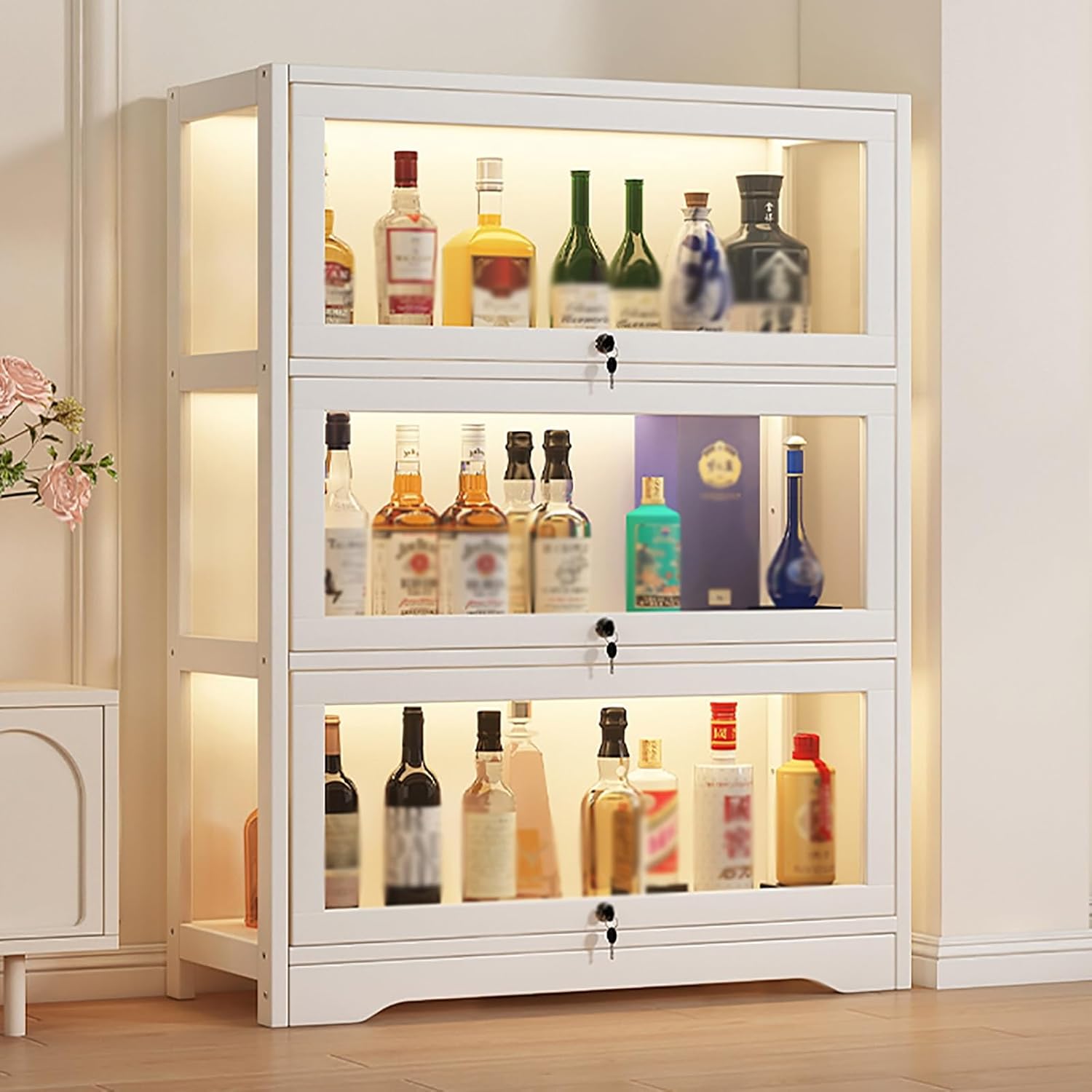 Wine Cabinet With Doors, Large Capacity Wine Rack Freestanding Floor Lockable Cabinet Door Strong Load Bearing Assembled Stable Structure Suitable For Living Room Restaurant Bar Etc(60x30x106cm