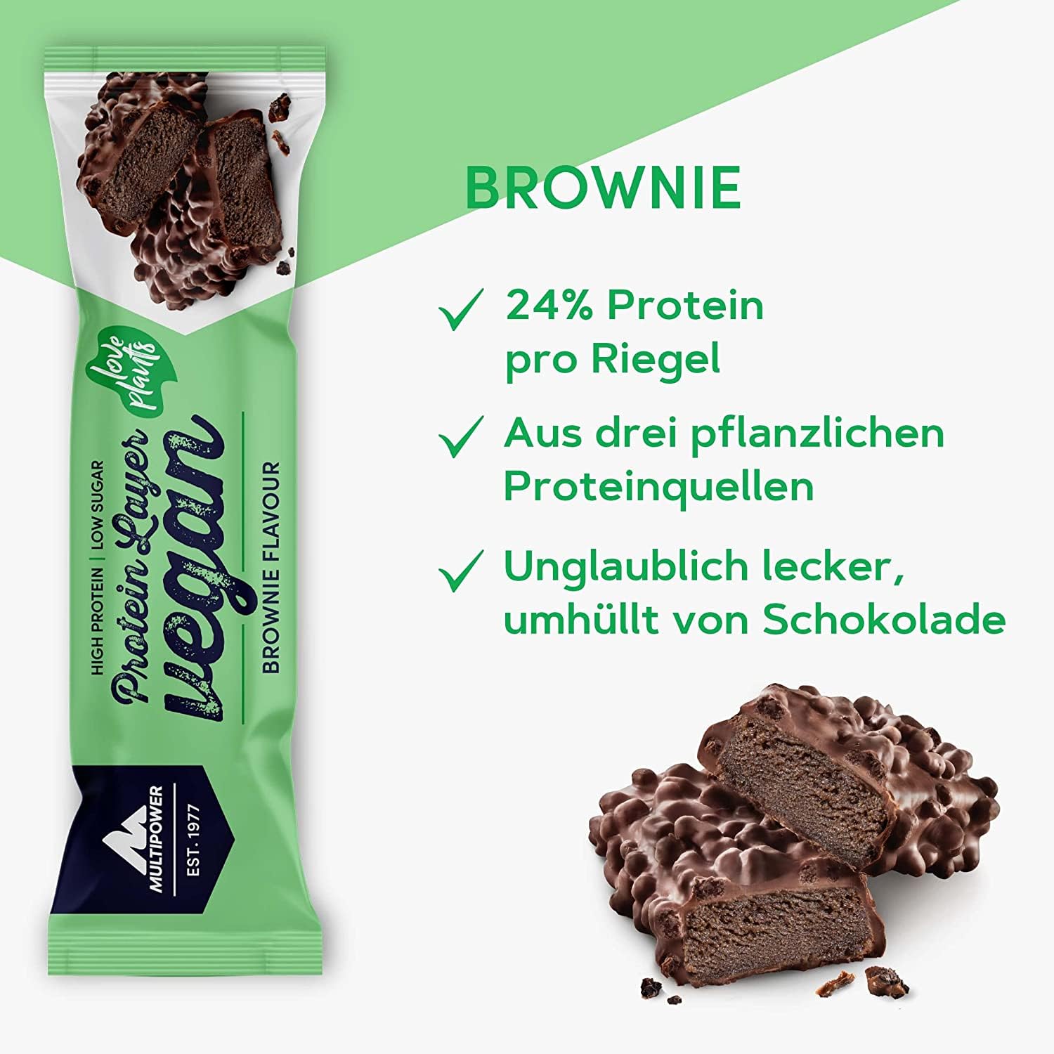 Multipower Vegan Protein Layer Brownie Bar Energieriegel mit 24 Prozent Protein – Fitnessriegel 15 x 55 g – Veganer Proteinriegel aus 3 pflanzlichen Proteinquellen mit Brownie Geschmack