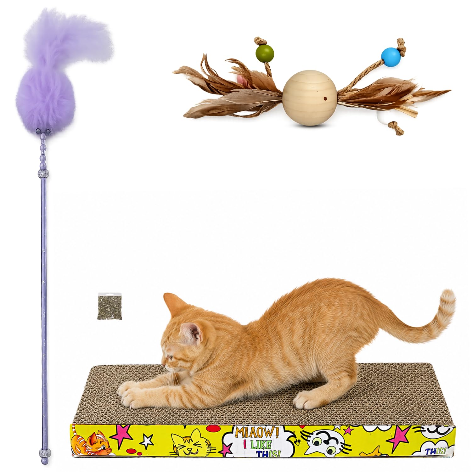 Emily Pets Cat Toy Combo Pack of 3 | Fish Shape Cardboard Cat Scratcher with Catnip, Interactive Teaser Wand & Mouse Toy for Cats & Kittens (Color May Vary)-picture-19