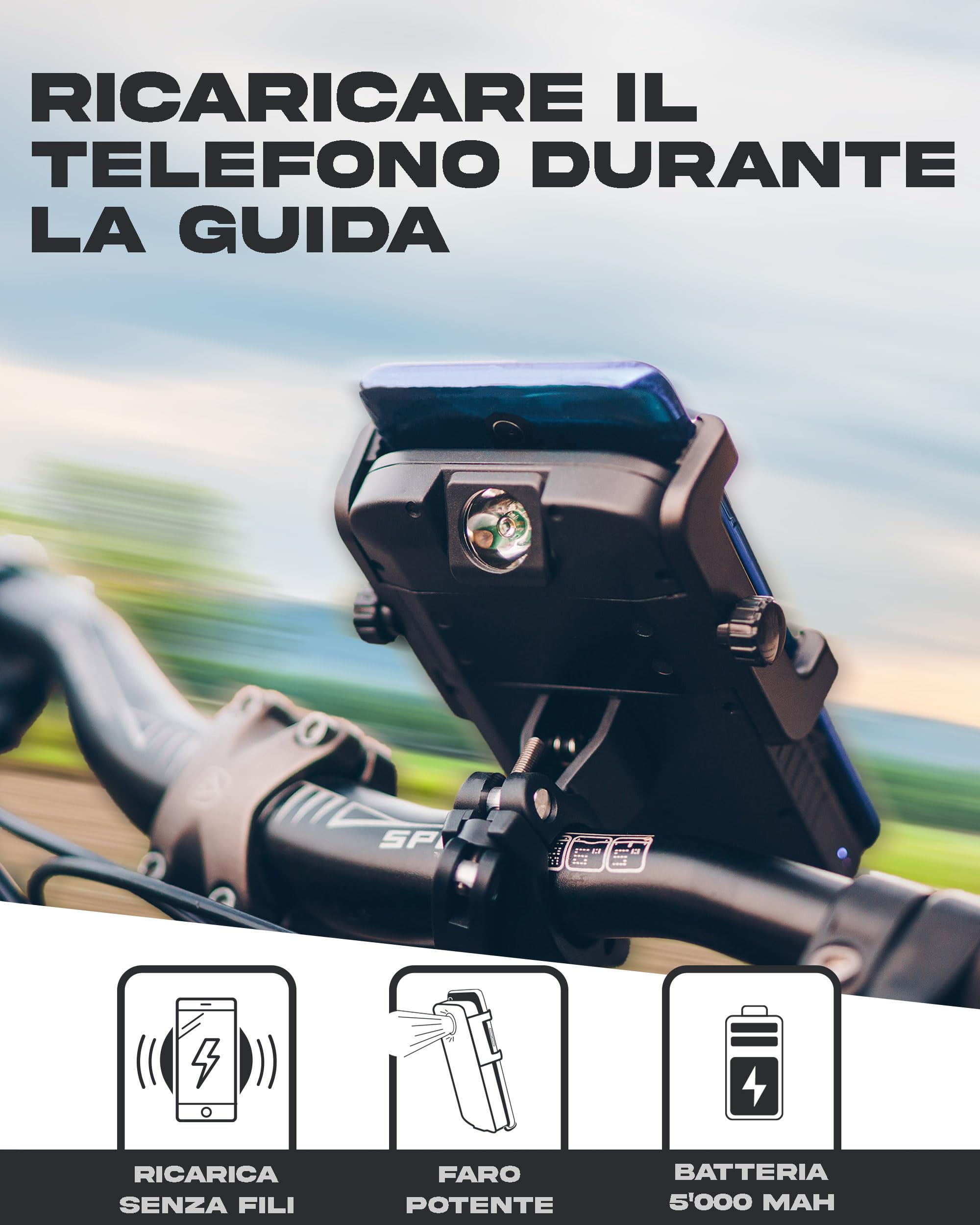 Sunslice Supporto per bicicletta con power bank integrato e luce LED.