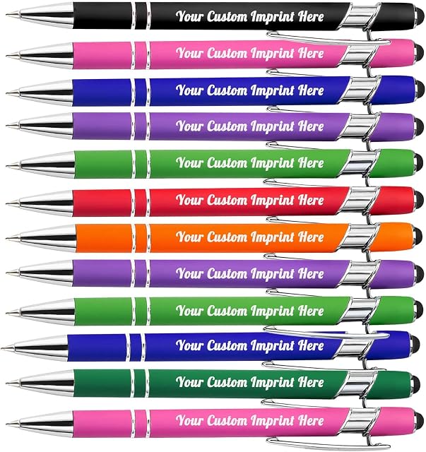 Custom Pens Personalised with Logo Name Message Stylus- Customised Fine Point Pens in Bulk Black Ink - Metallic Ballpoint Pen for Women Men Wedding- 12 Pack (Assorted)