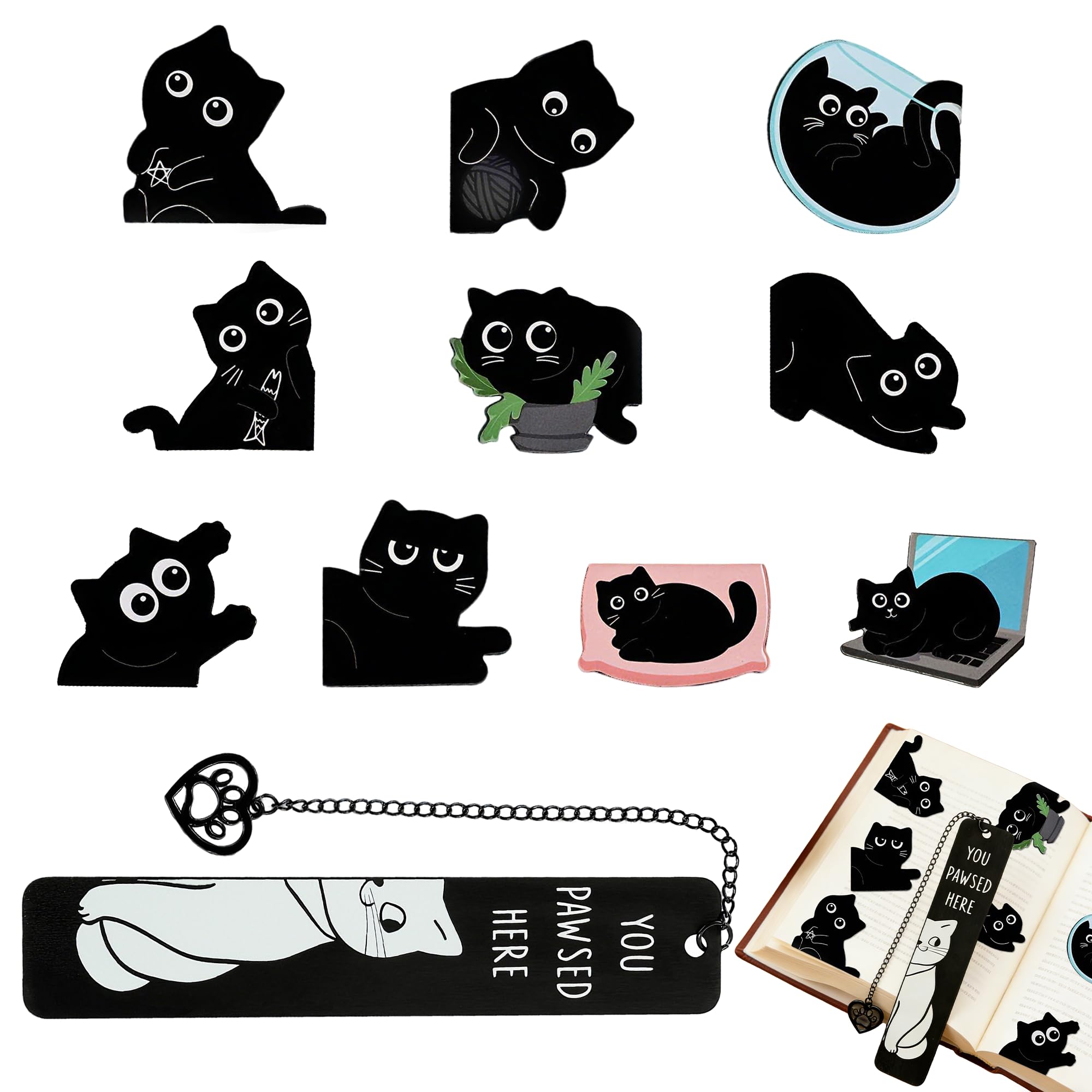 10 Stück Niedliche Schwarze Katzen Lesezeichen Magnetisch und 1 Katzen Lesezeichen Metall als Praktisches Buch Zubehör Kreatives Set für Bücher Notizbücher Geschenk für Leser, Studenten, Kollegen